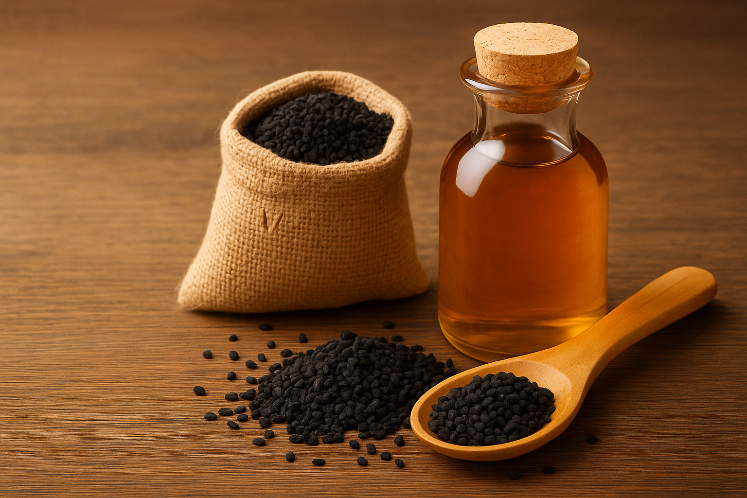 Black seed oil bottle and nigella sativa seeds — traditional wellness botanical NZ
