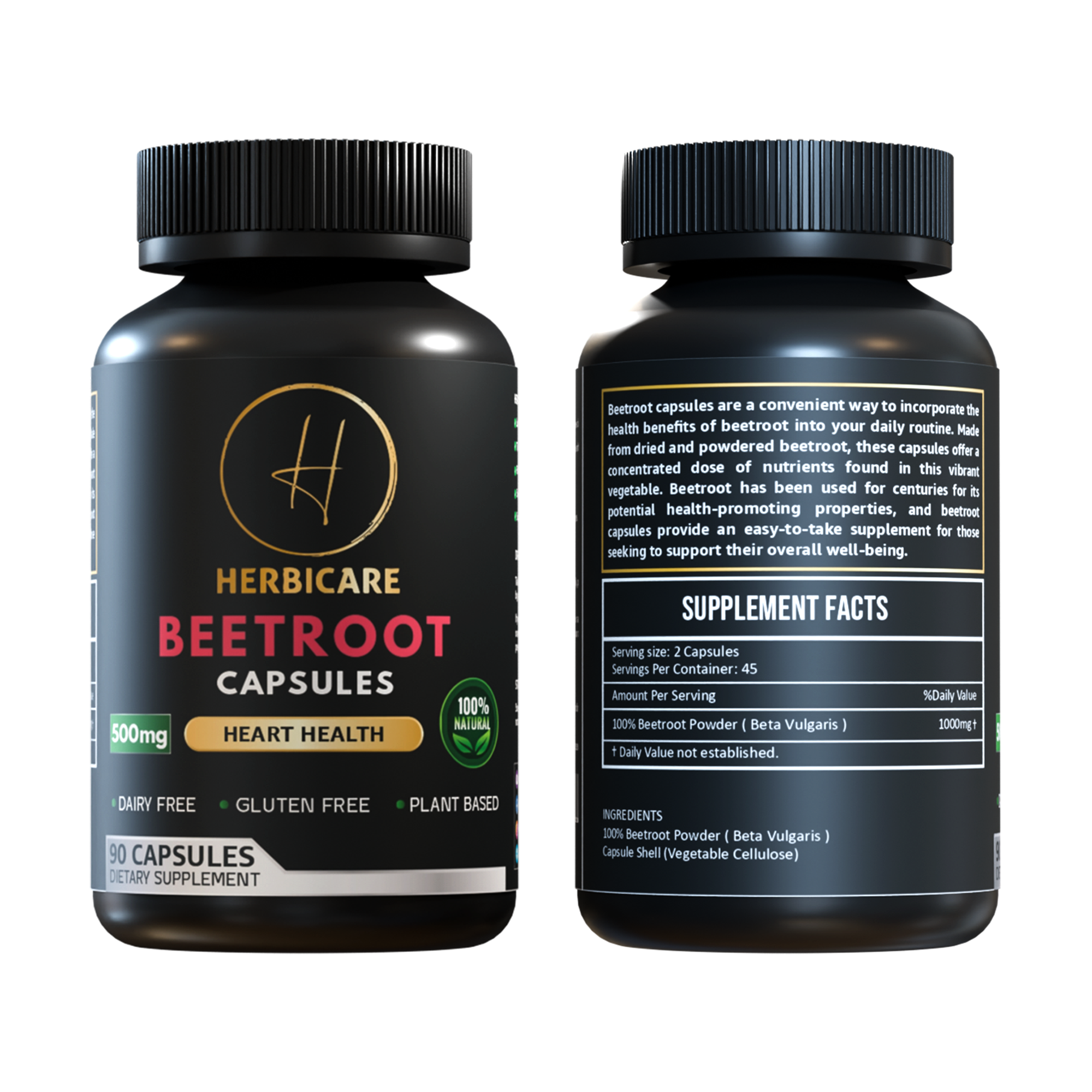Front and back view of Herbicare Beetroot Capsules bottle, 500mg vegan supplement for heart health with 90 plant-based capsules.
