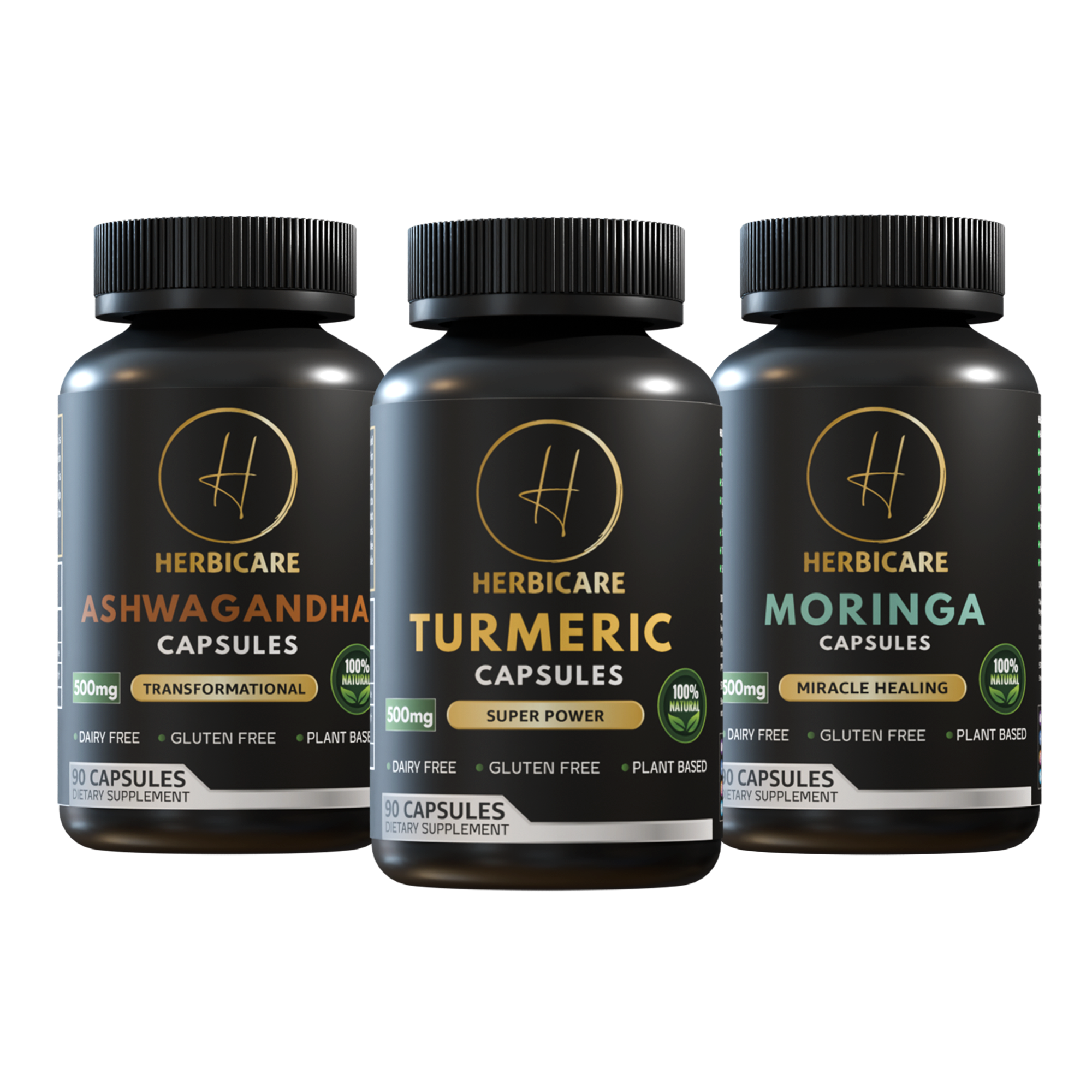 Front view of Herbicare Ashwagandha, Turmeric, and Moringa capsule bottles – 90 capsules each – vegan, dairy-free, gluten-free supplements with natural wellness support claims