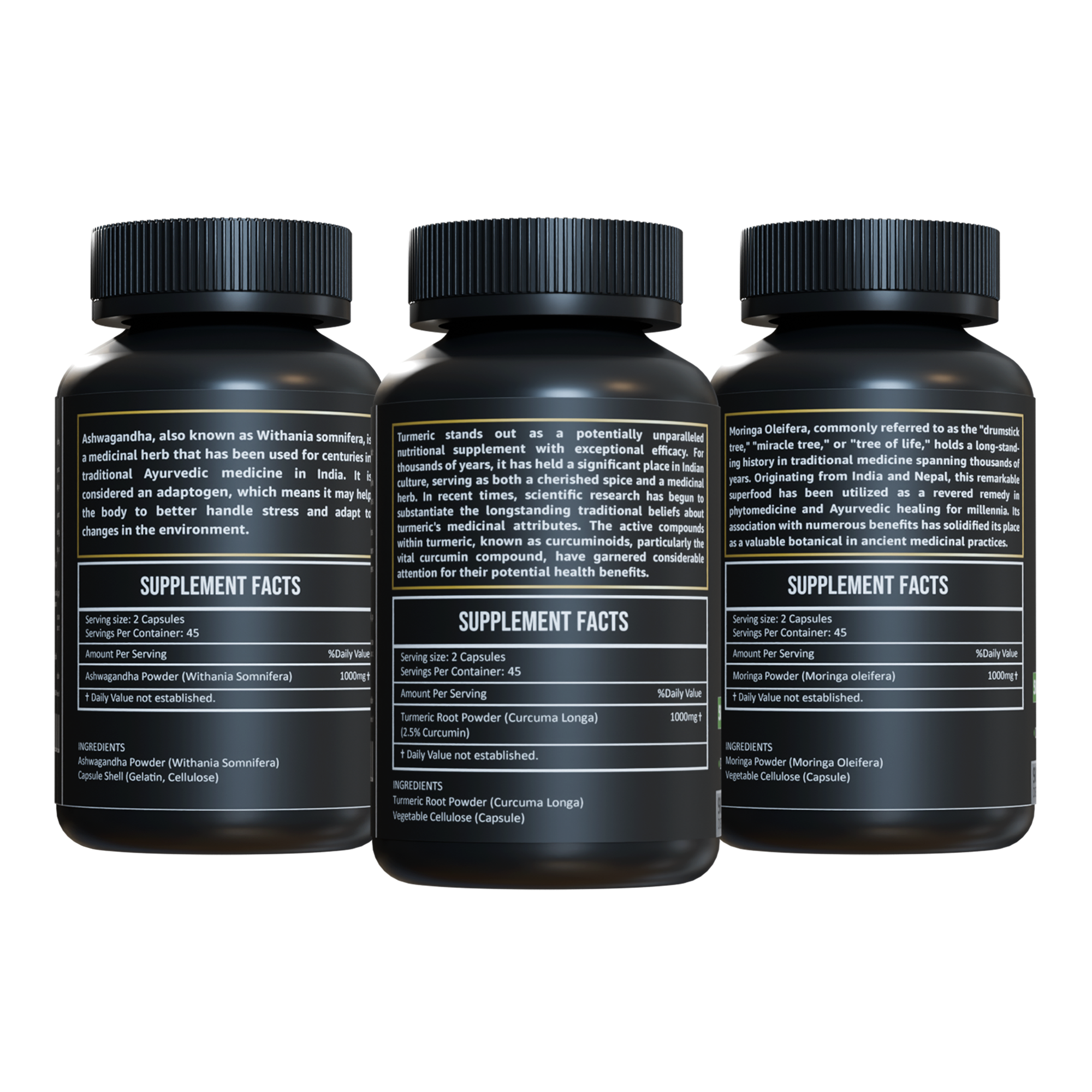 Supplement facts panel for Herbicare Ashwagandha, Turmeric, and Moringa capsules showing dosage, ingredients, and product information on 90-count vegan bottles