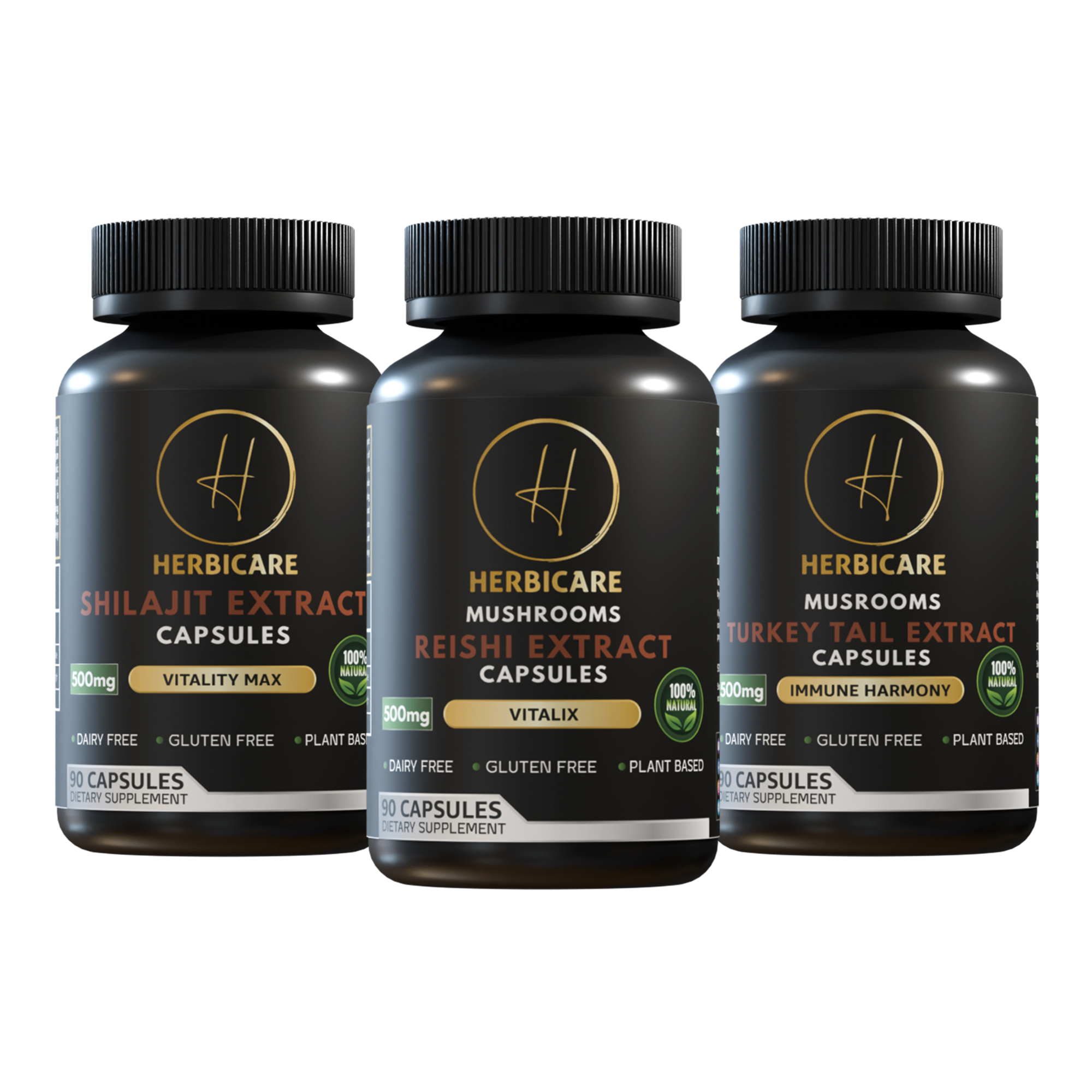 Front product image of Herbicare Shilajit, Reishi, and Turkey Tail mushroom extract capsules – plant-based herbal supplements supporting immunity, vitality, and energy – 500mg, 90 capsules each