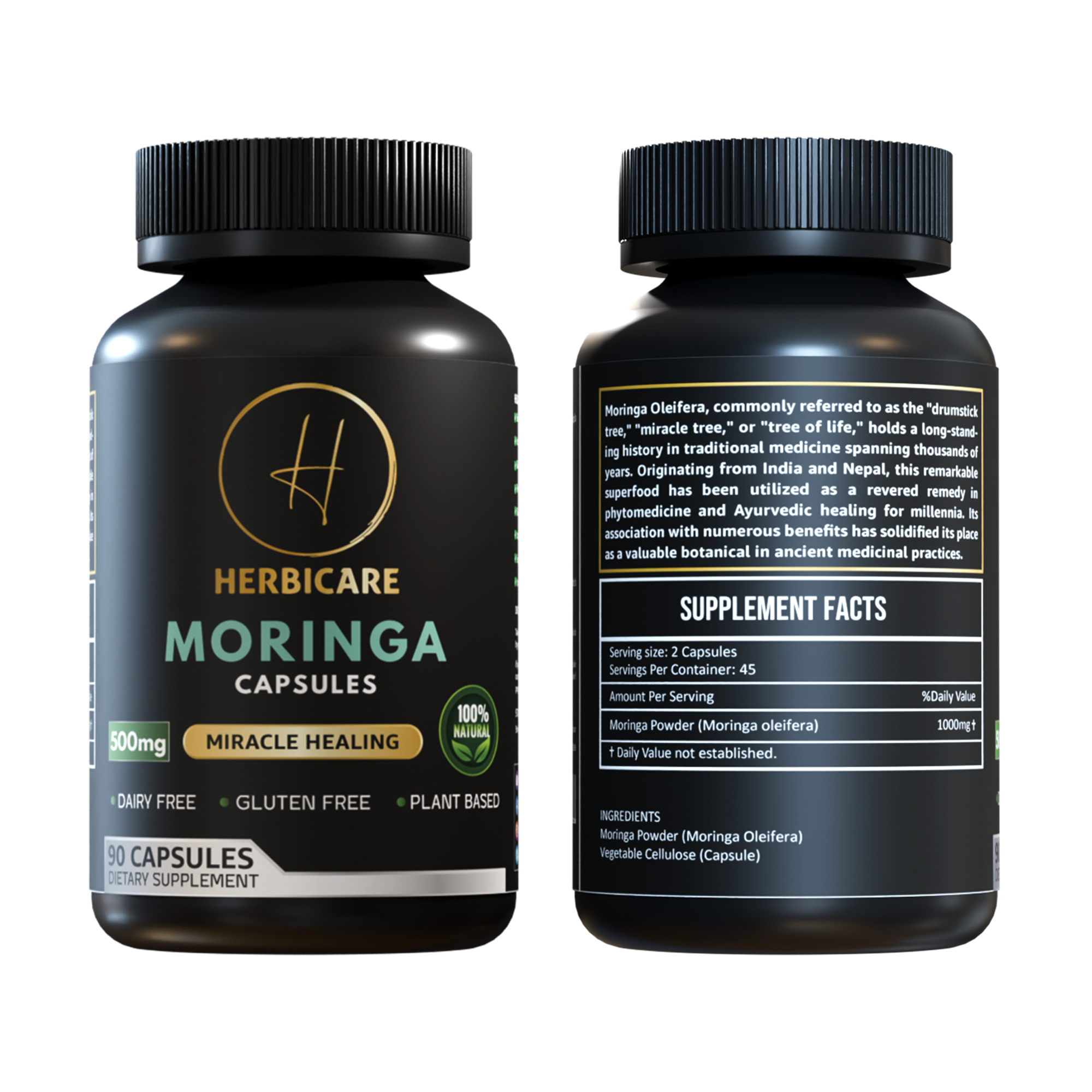 Front and back labels of Herbicare Moringa Capsules bottle showing 500mg Moringa Oleifera content, labeled “Miracle Healing”, 90 plant-based capsules. Includes supplement facts and product description referencing traditional Ayurvedic use.