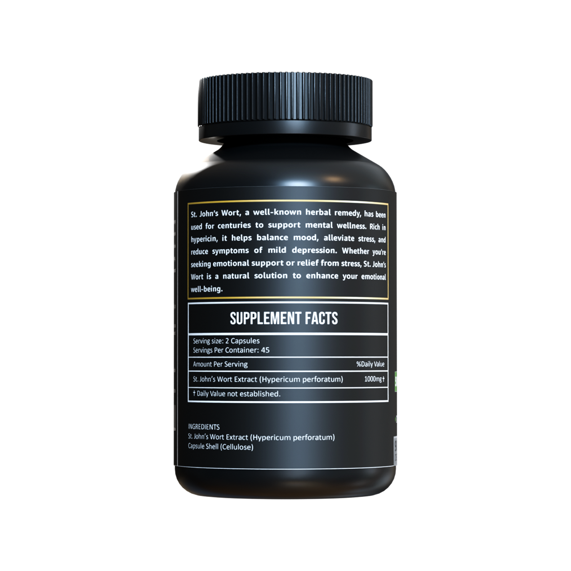 Back label of Herbicare St. John’s Wort Capsules showing supplement facts and wellness support description