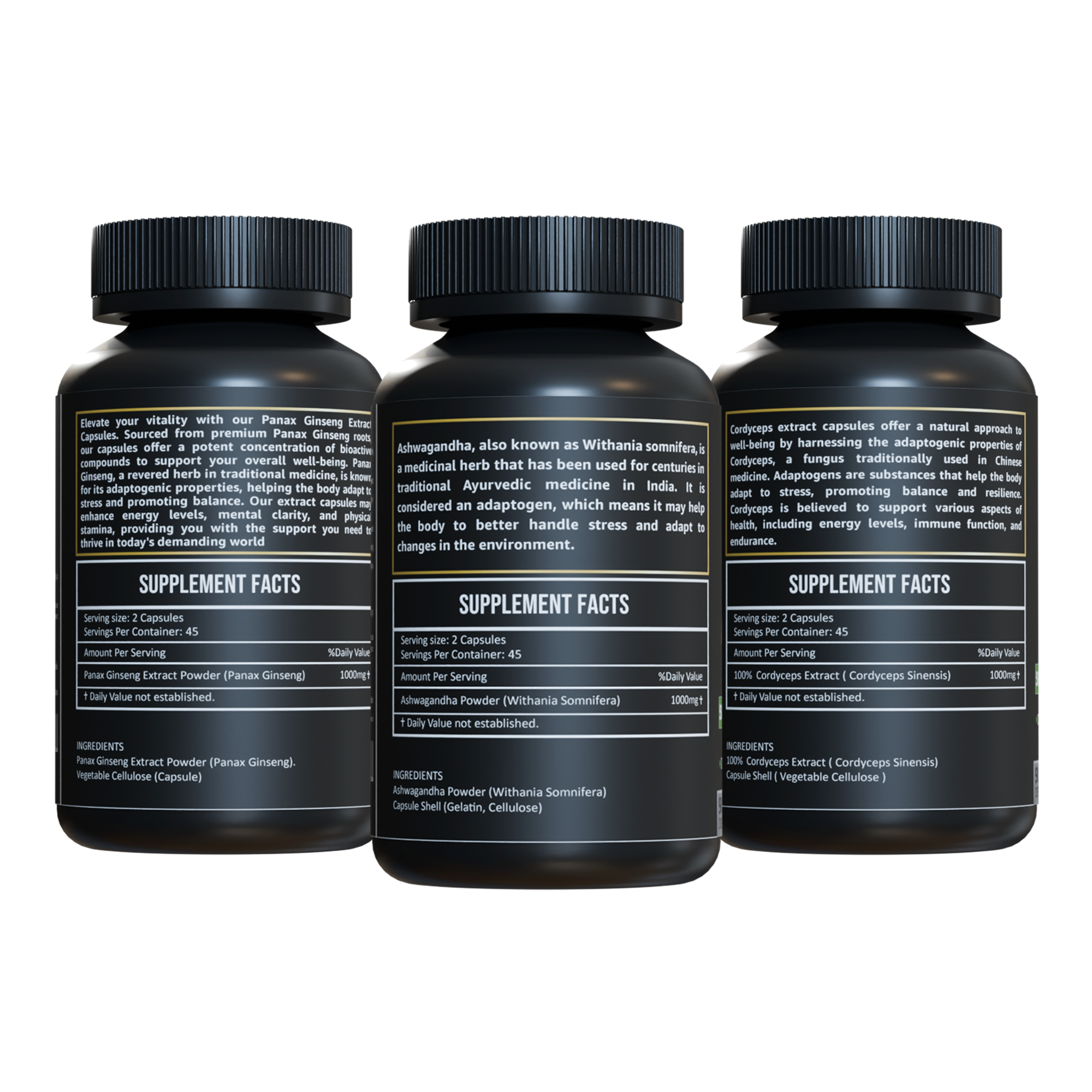 Supplement facts panel for Herbicare Panax Ginseng, Ashwagandha, and Cordyceps extract capsules showing ingredient listing, dosage per serving, and capsule content