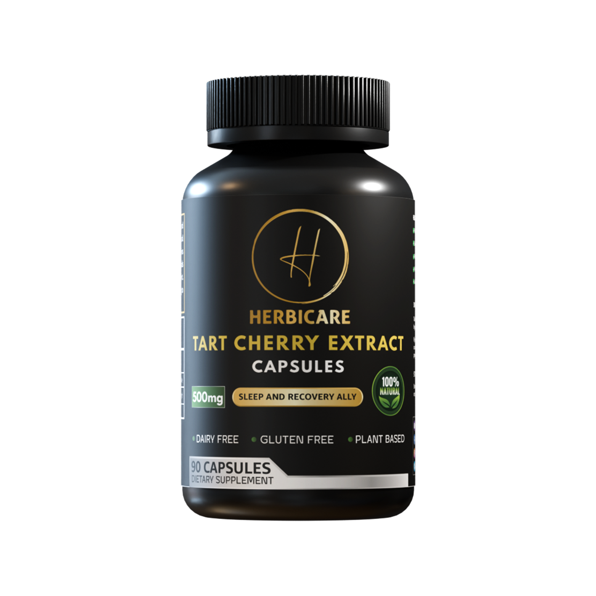 Front label of Herbicare Tart Cherry Extract Capsules showing 500mg strength, sleep benefits, 90 capsules per bottle