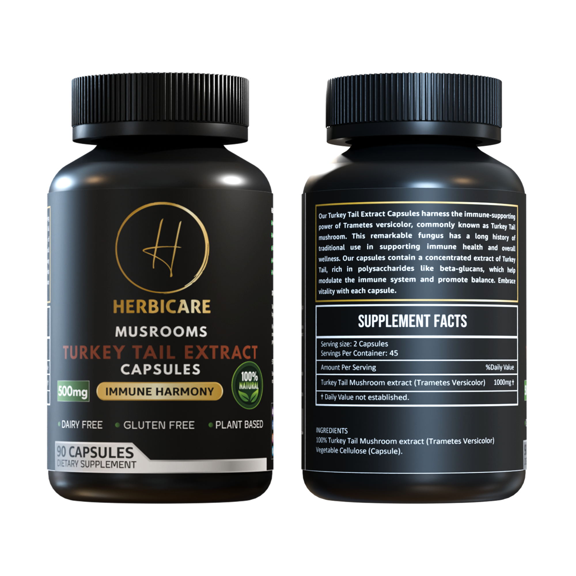 Front and back view of Herbicare Turkey Tail Extract Capsules bottle highlighting 500mg immune support supplement with supplement facts label.