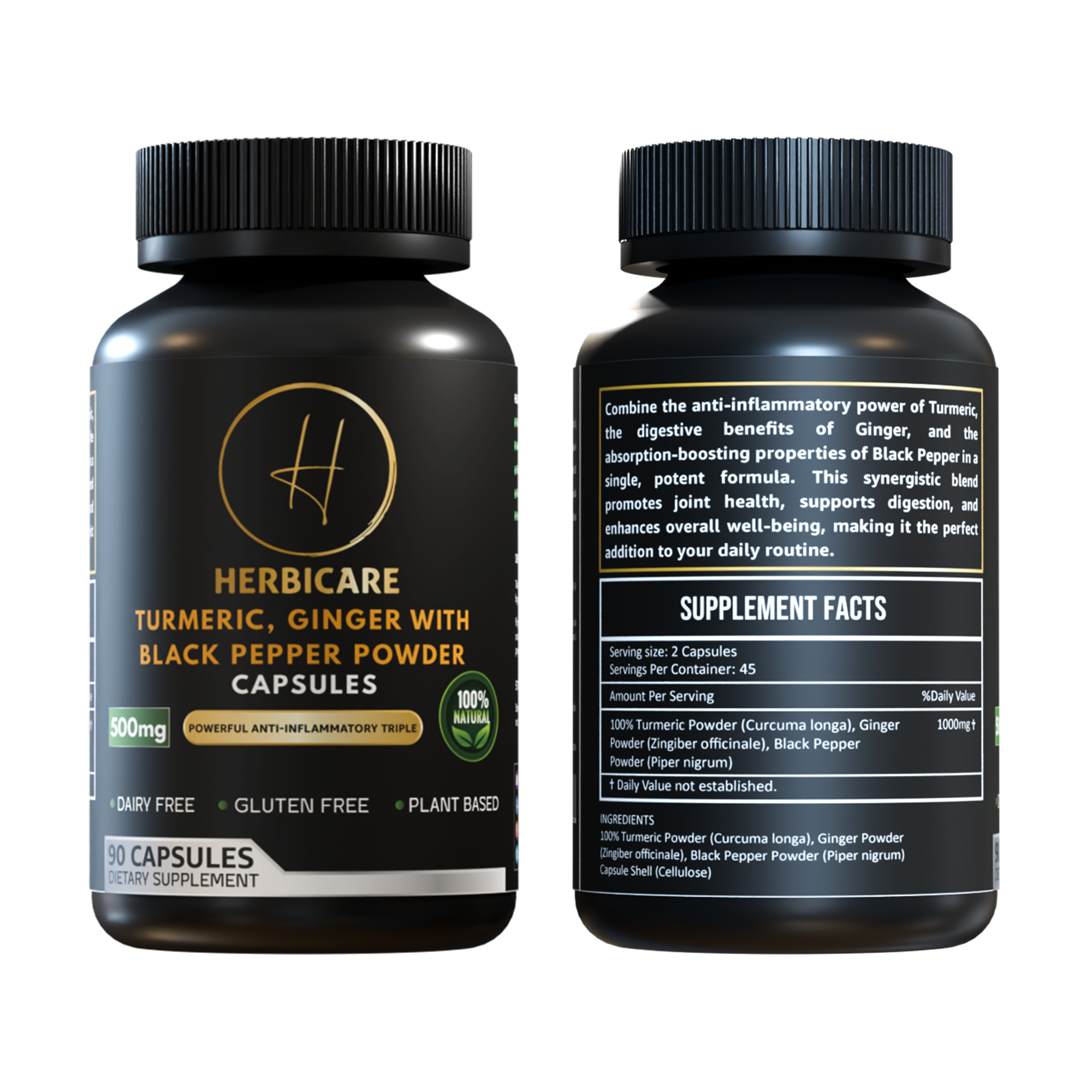 Front label of Herbicare Turmeric, Ginger, and Black Pepper Capsules, 500mg anti-inflammatory formula, 90 capsules, dairy-free, gluten-free, plant-based