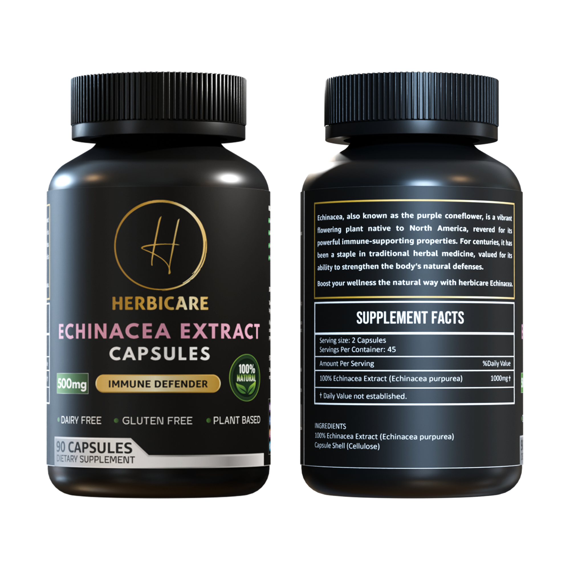 Herbicare Echinacea Extract Capsules 500mg – 90 Plant-Based Immune Support Capsules, Gluten-Free and Dairy-Free