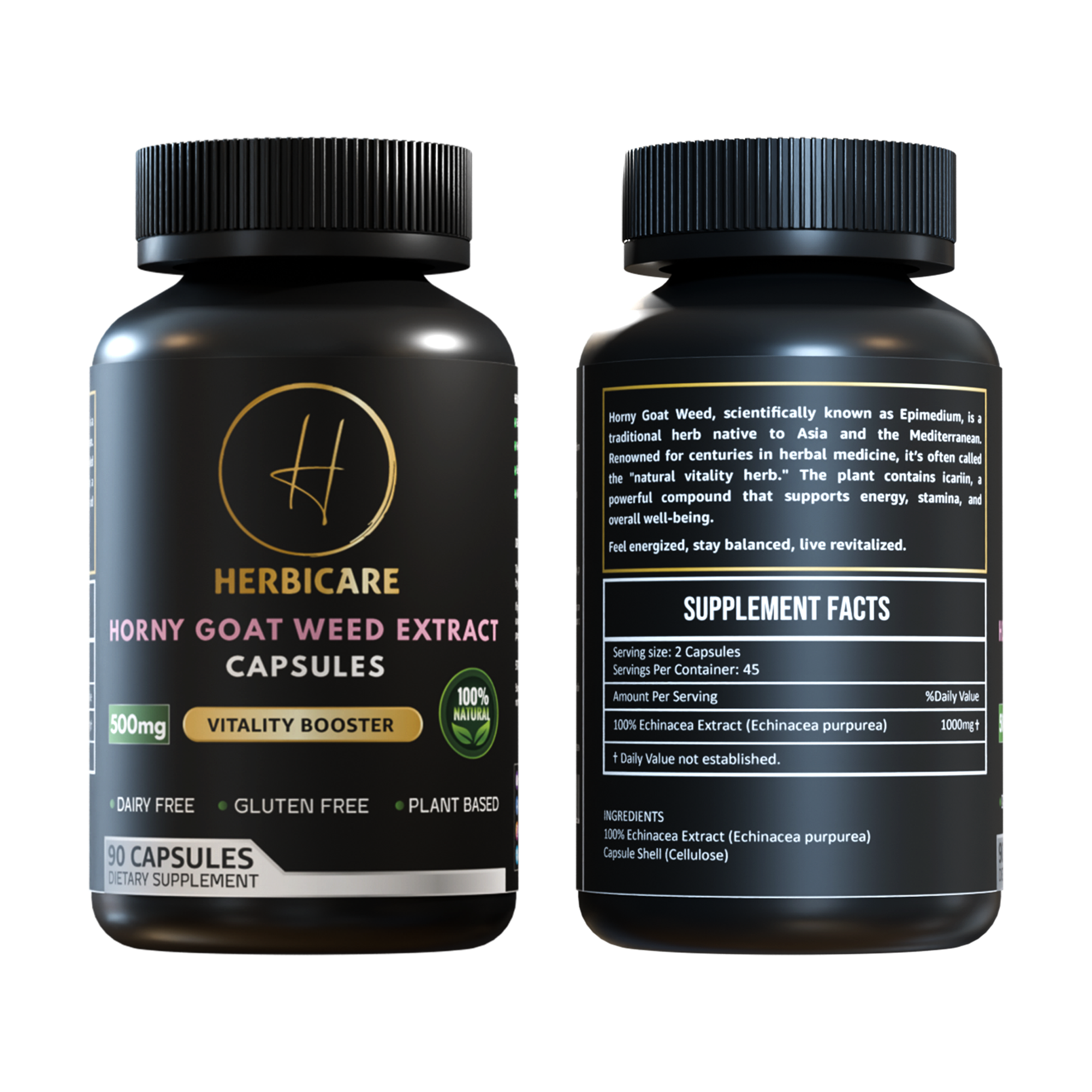 Front and back view of Herbicare Horny Goat Weed Extract Capsules 500mg – 90 plant-based capsules for energy, stamina, and vitality.