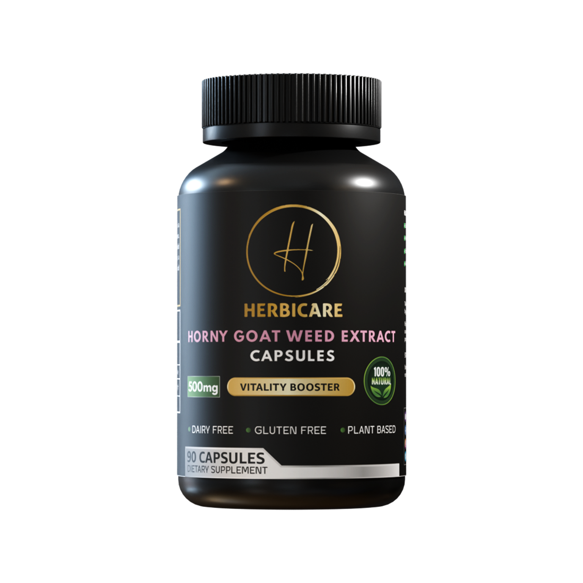 Front view of Herbicare Horny Goat Weed Extract Capsules 500mg bottle – 90 plant-based vitality booster capsules for energy and stamina.
