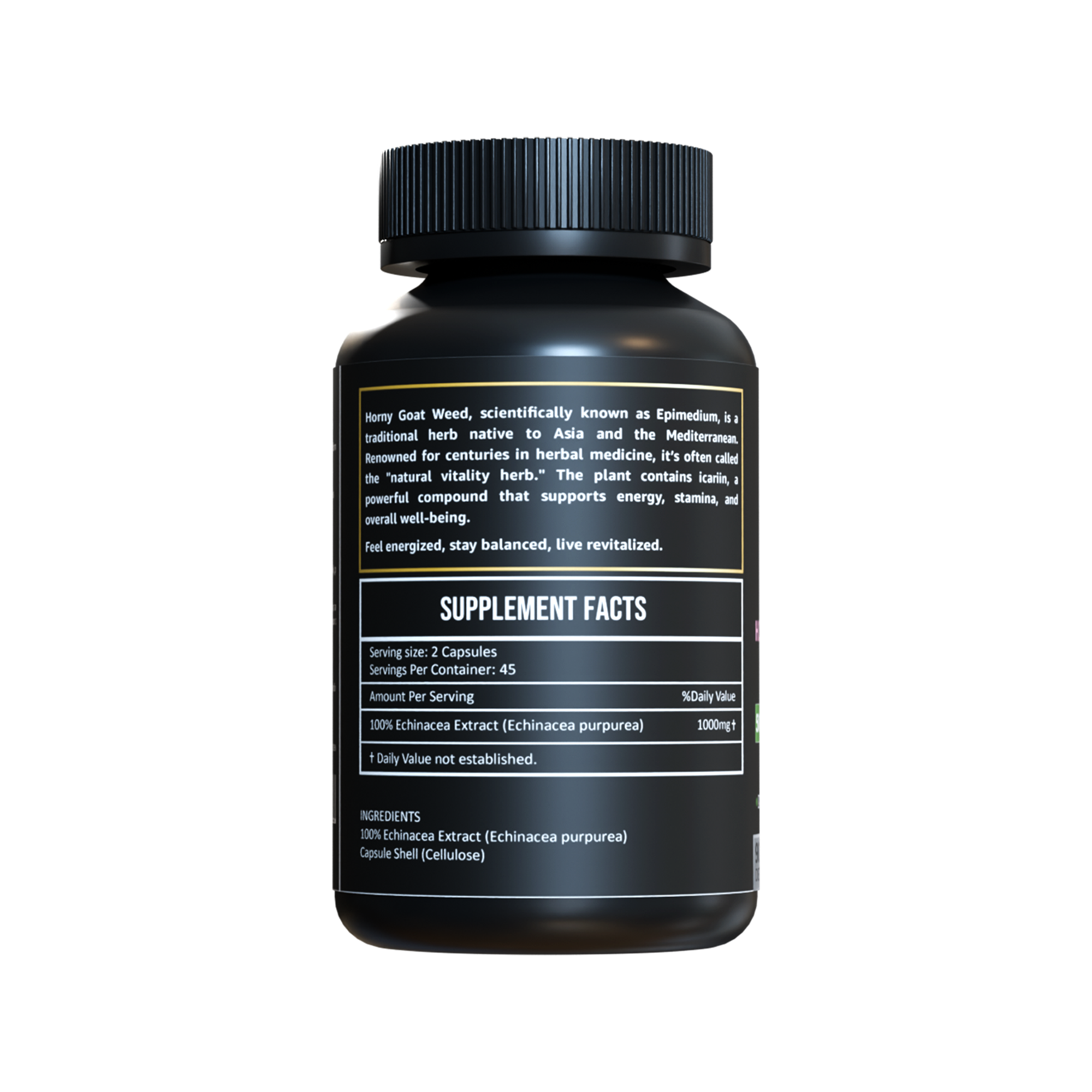 Back label of Herbicare Horny Goat Weed Extract Capsules showing supplement facts, dosage, ingredients, and herbal benefits for energy and vitality.