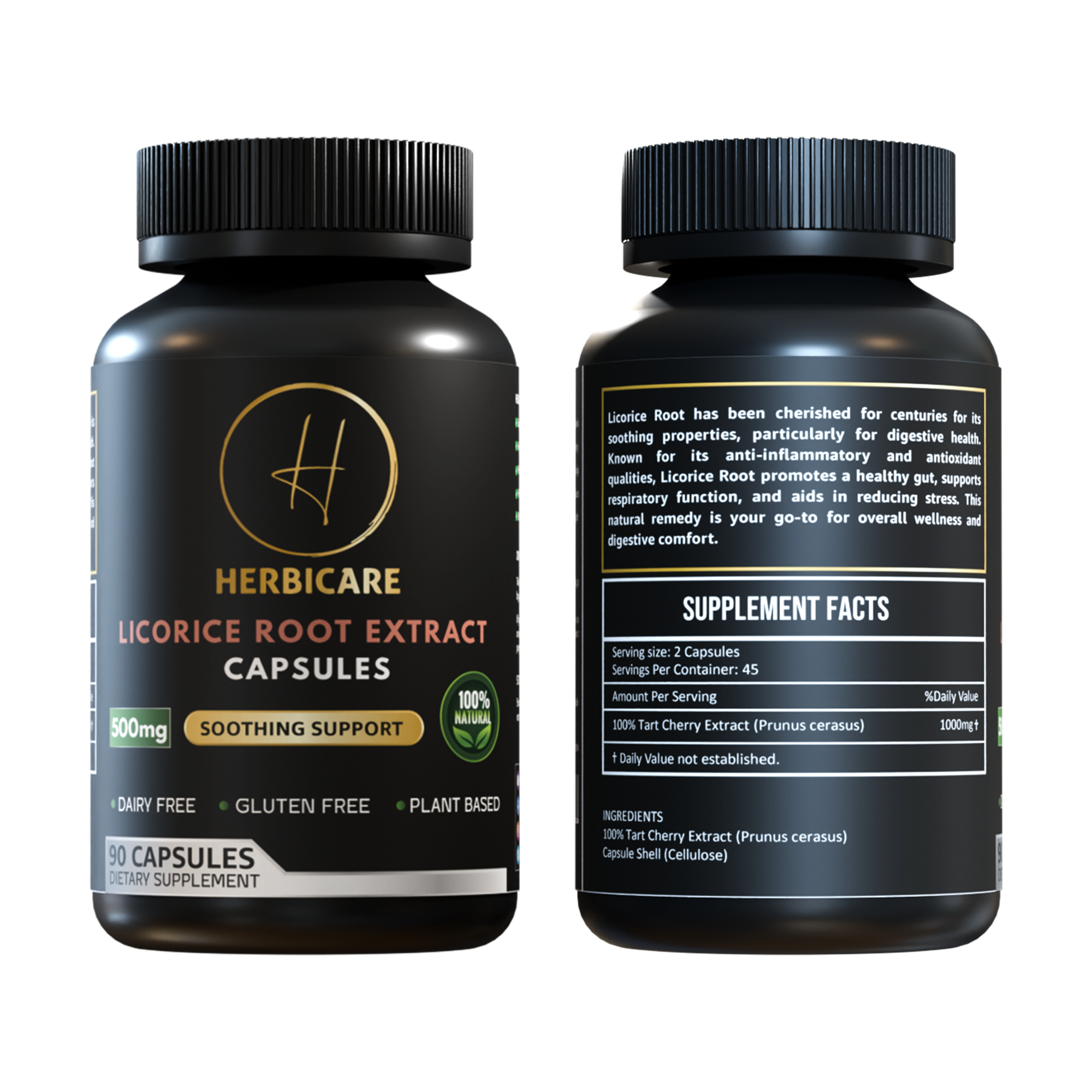 Front and back view of Herbicare Licorice Root Extract Capsules 500mg – 90 plant-based capsules for digestive health, gut support, and inflammation relief.