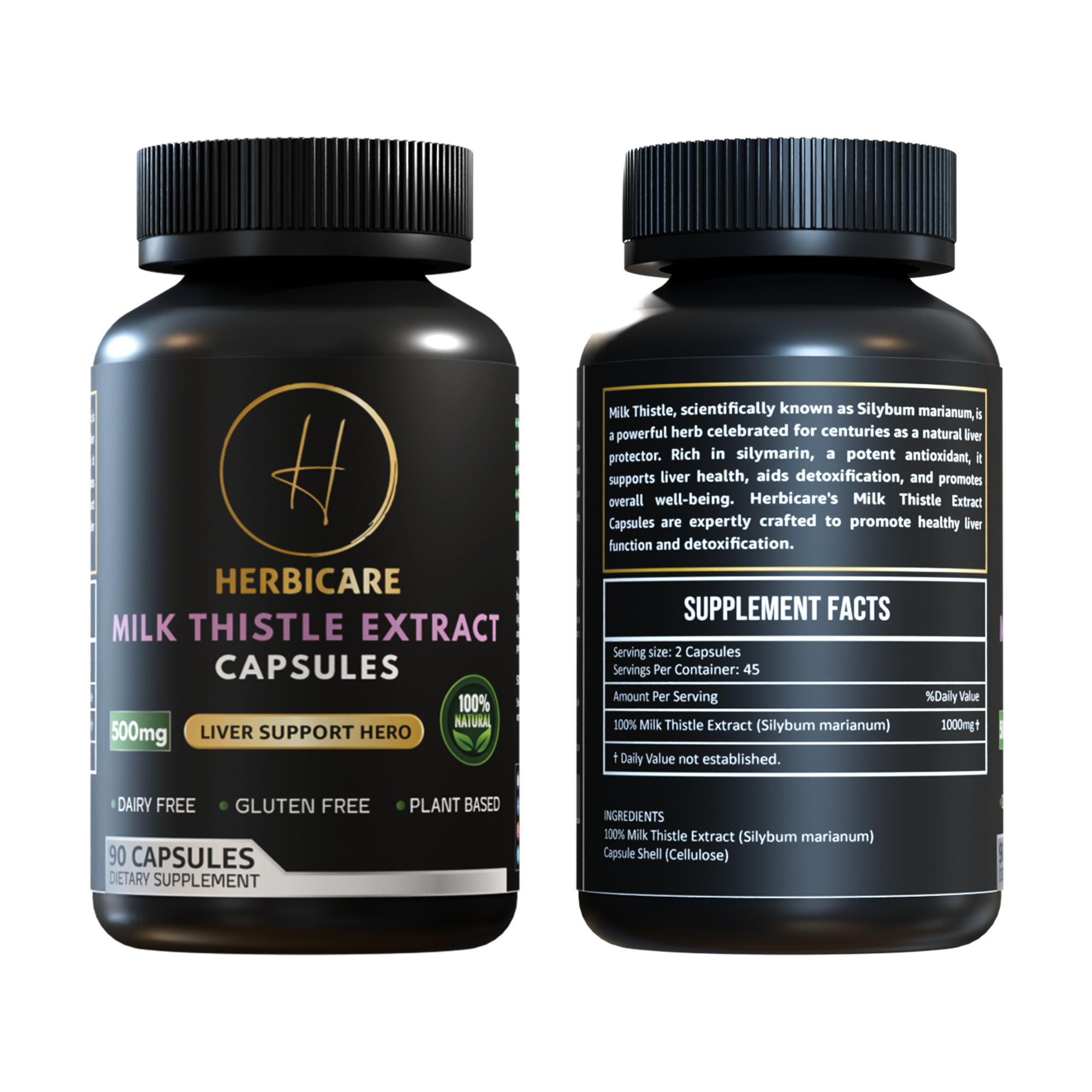 Front and back image of Herbicare Milk Thistle Extract Capsules, 500mg, 90-count bottle, plant-based dietary supplement with clear labeling.