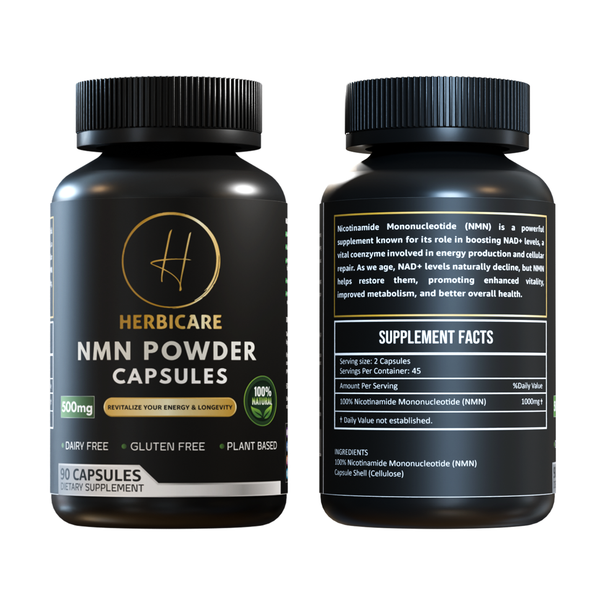 Herbicare NMN Powder Capsules bottle, 500mg strength, 90-count, front and back label showing ingredients and supplement facts in black matte packaging.
