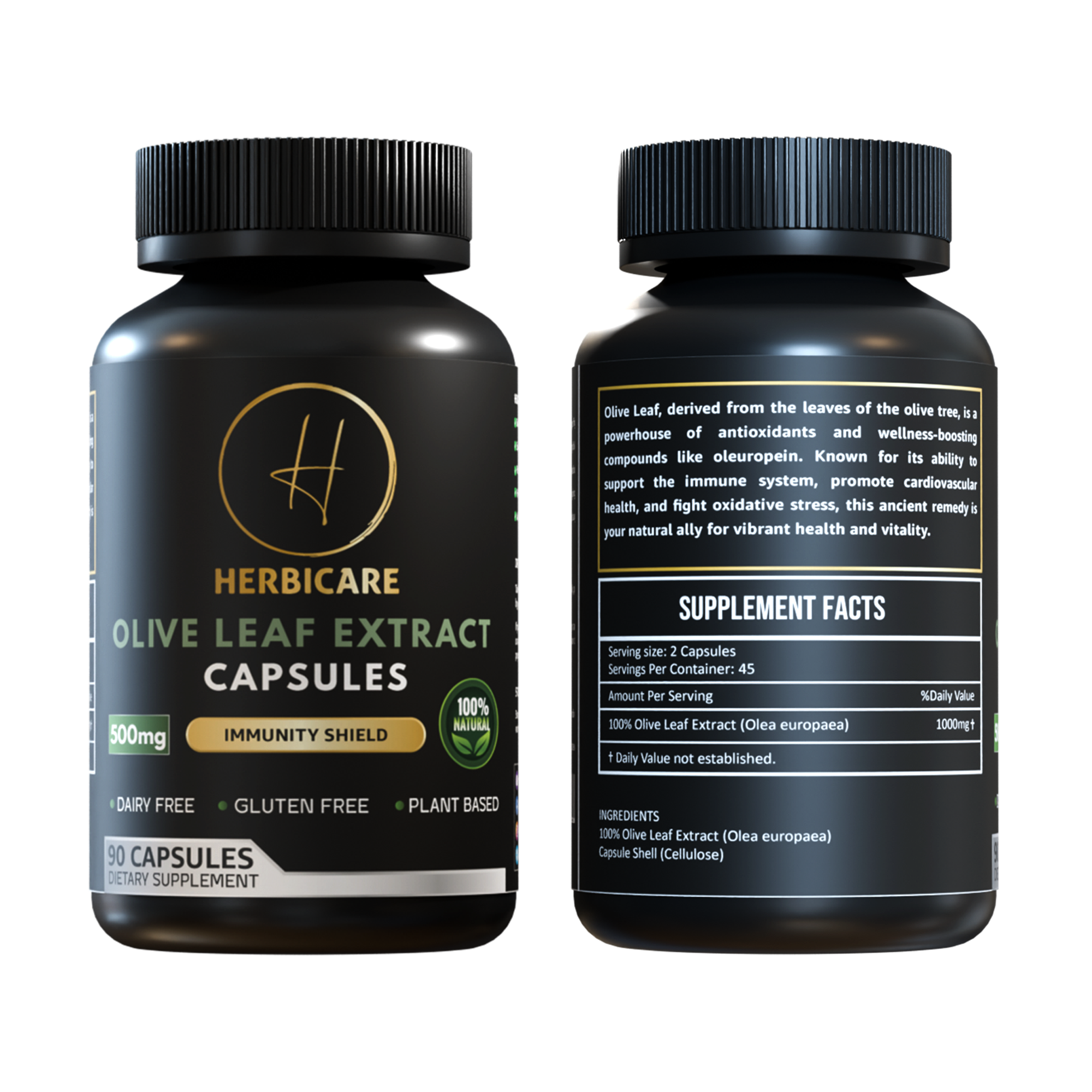 Front and back label of Herbicare Olive Leaf Extract Capsules 500mg, 90-count bottle, showing supplement facts and product claims.