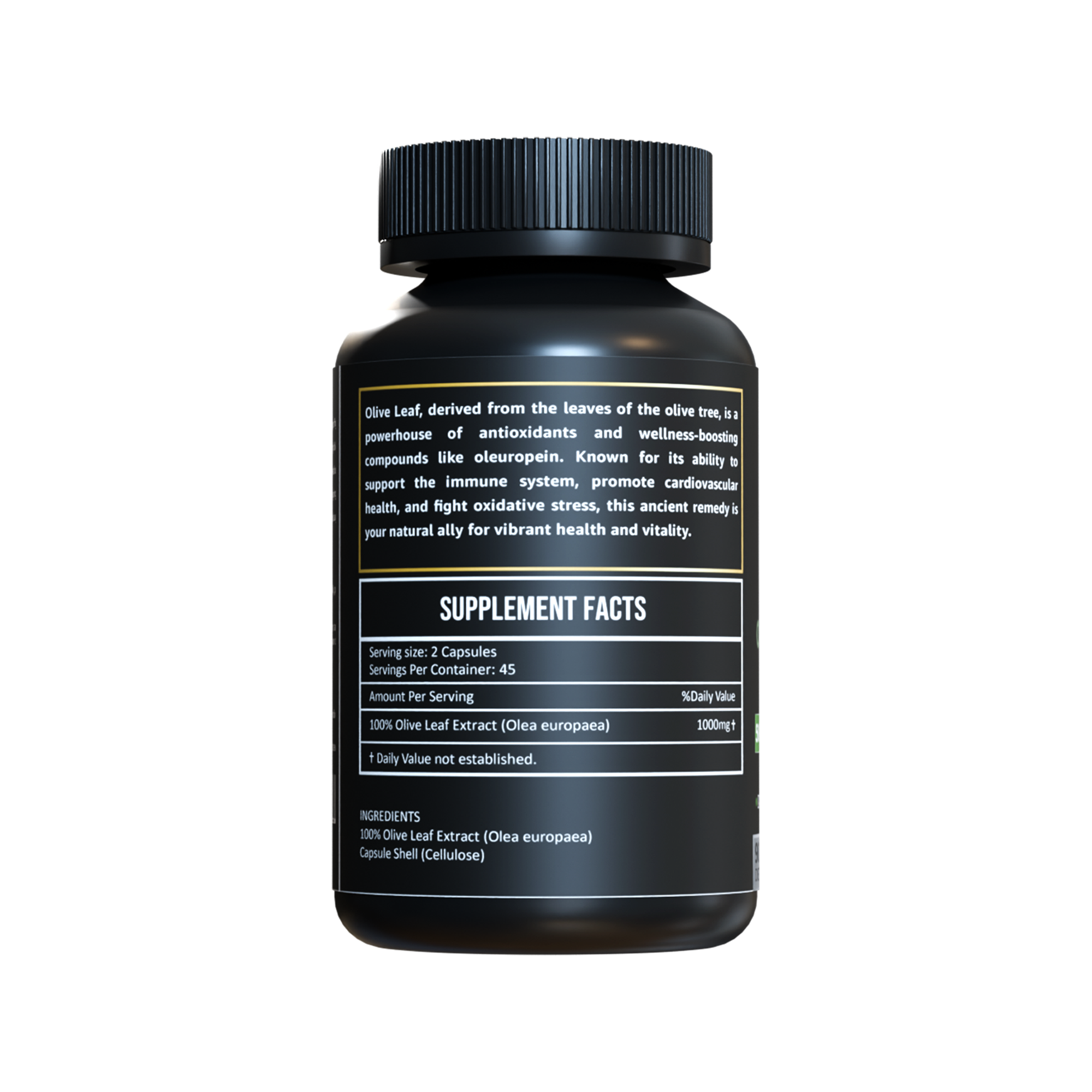 Back label of Herbicare Olive Leaf Extract Capsules 500mg, showing supplement facts, serving size, and ingredient list.
