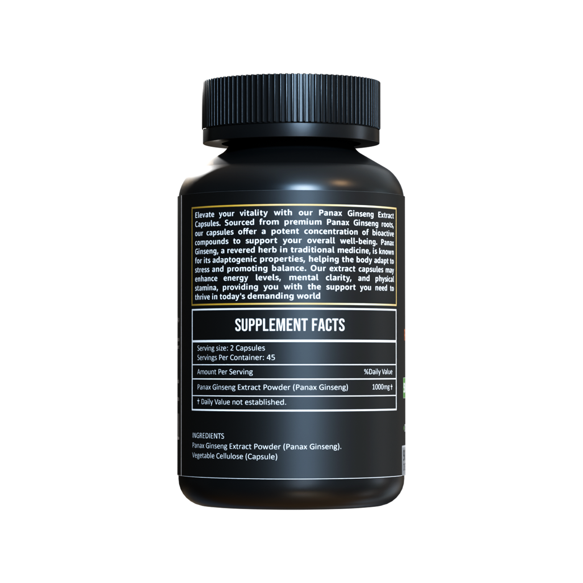 Back view of Herbicare Panax Ginseng Extract Capsules bottle showing detailed supplement facts and product description.