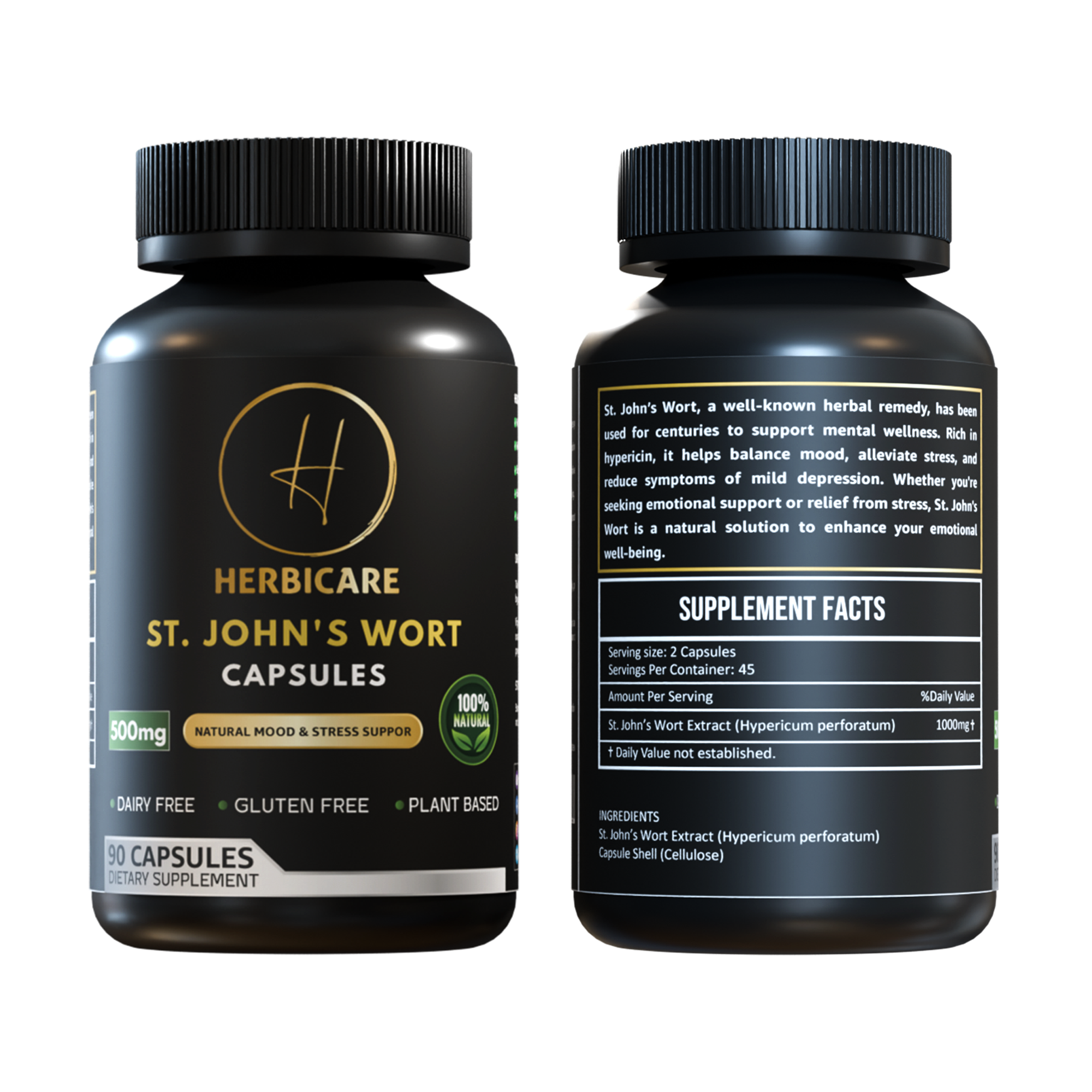 Front and back label of Herbicare St. John's Wort 500mg capsules – 90-count, vegan, gluten-free, plant-based supplement bottle.