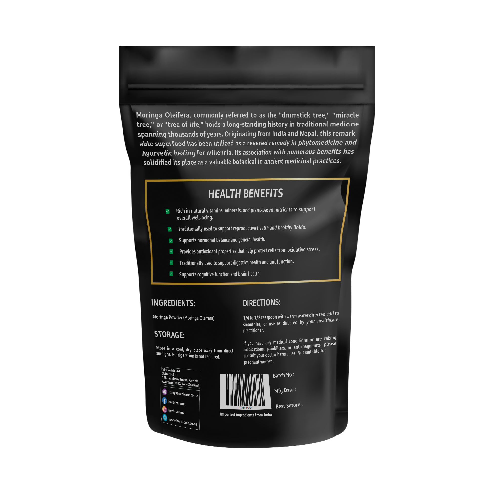 Back packaging of Herbicare Moringa Powder showing product benefits, storage instructions, ingredient list, dosage directions, and barcode