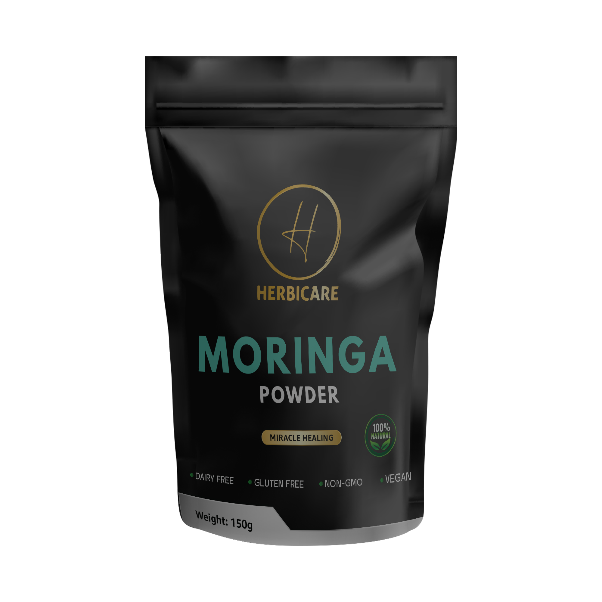 Front packaging of Herbicare Moringa Powder 150g highlighting vegan, gluten-free, dairy-free, and non-GMO features