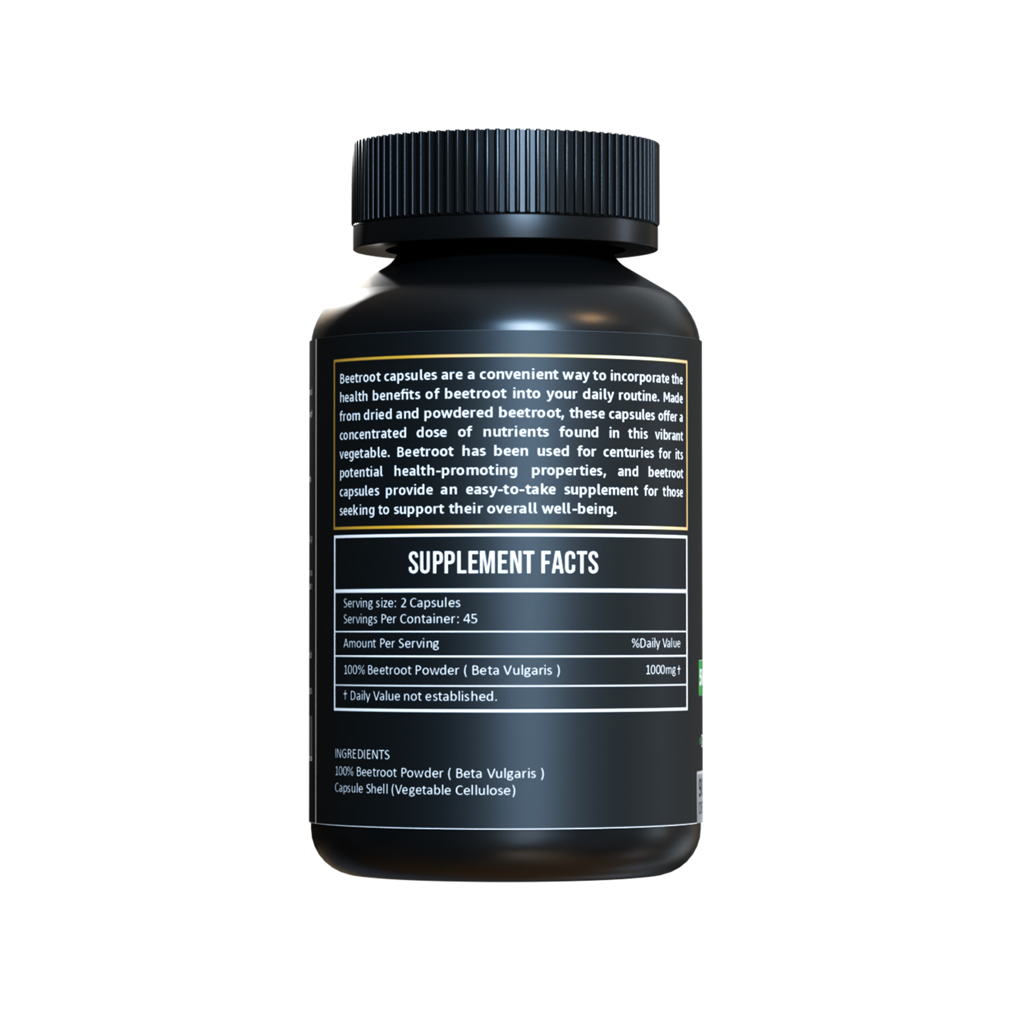 Back view of Herbicare Beetroot Capsules bottle showing supplement facts label with 500mg beetroot powder per serving and vegan capsule ingredients.