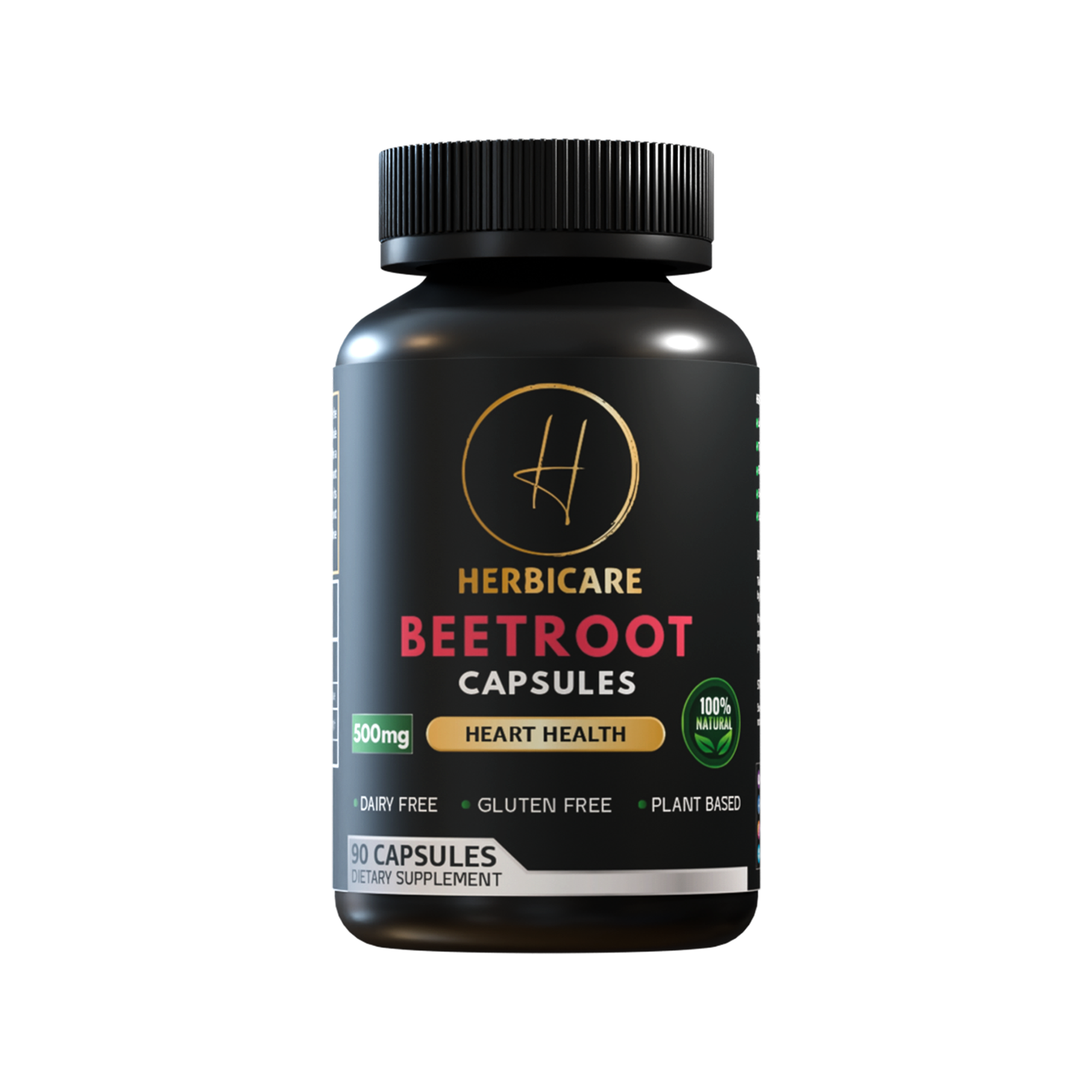 Front view of Herbicare Beetroot Capsules bottle featuring 500mg dosage, heart health claim, and vegan-friendly icons (90 capsules).