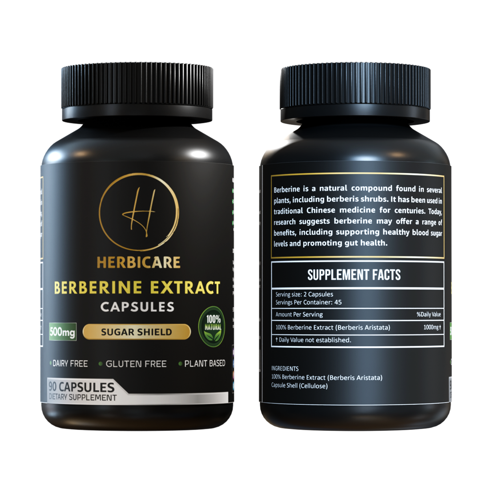 Front and back of Herbicare Berberine Extract Capsules bottle, containing 500mg Berberis Aristata per serving. 100% natural, dairy-free, gluten-free, plant-based.