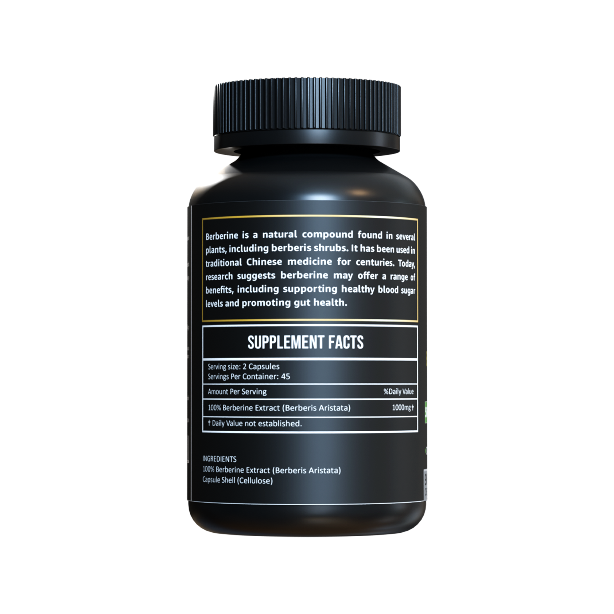Supplement facts label of Herbicare Berberine Extract Capsules showing 1000mg Berberis Aristata per serving, 90-count bottle, natural health supplement.
