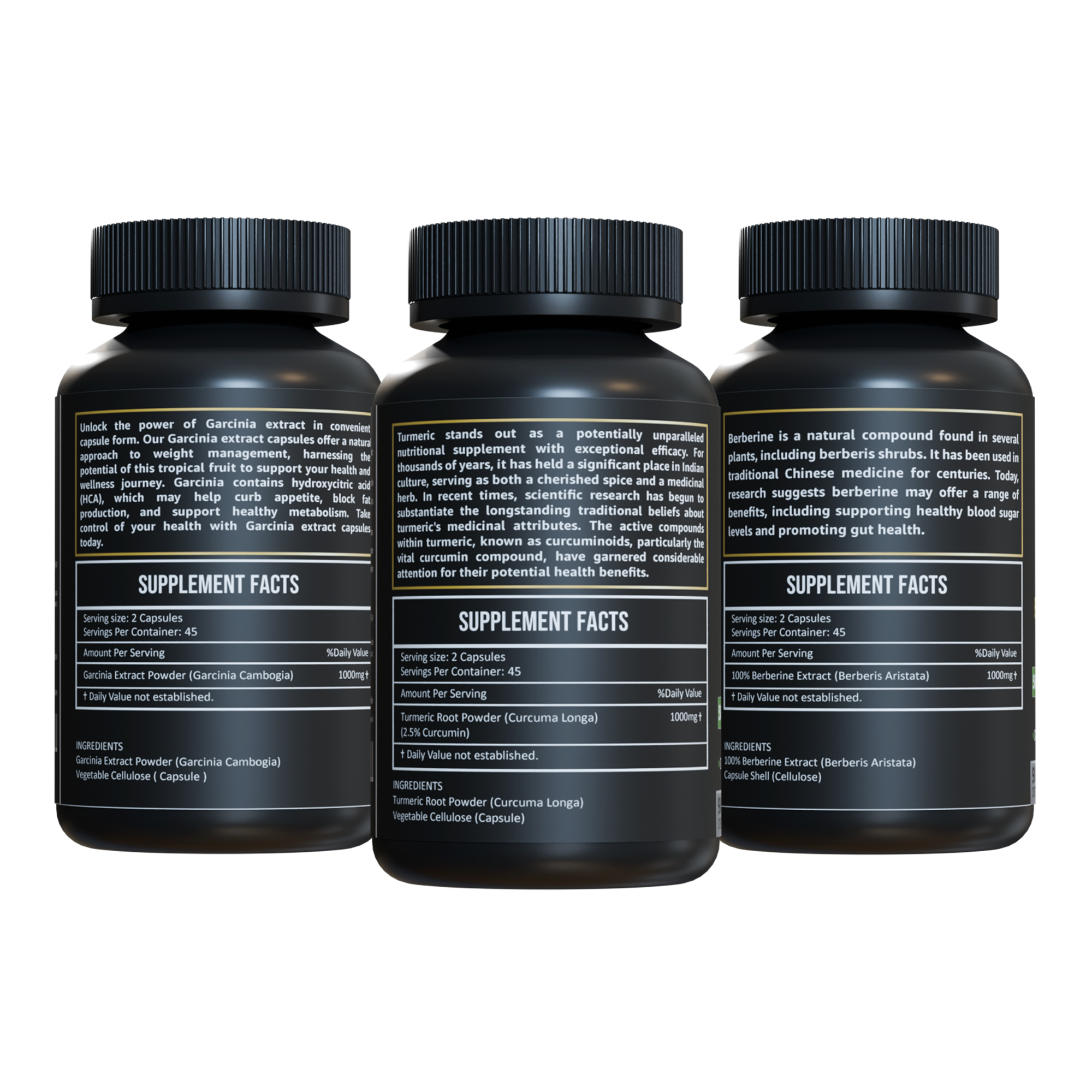 Back label of Herbicare Garcinia Cambogia, Turmeric, and Berberine Extract Capsules displaying supplement facts, daily serving (2 capsules), ingredient origins, and natural health benefits like metabolism, inflammation, and blood sugar support