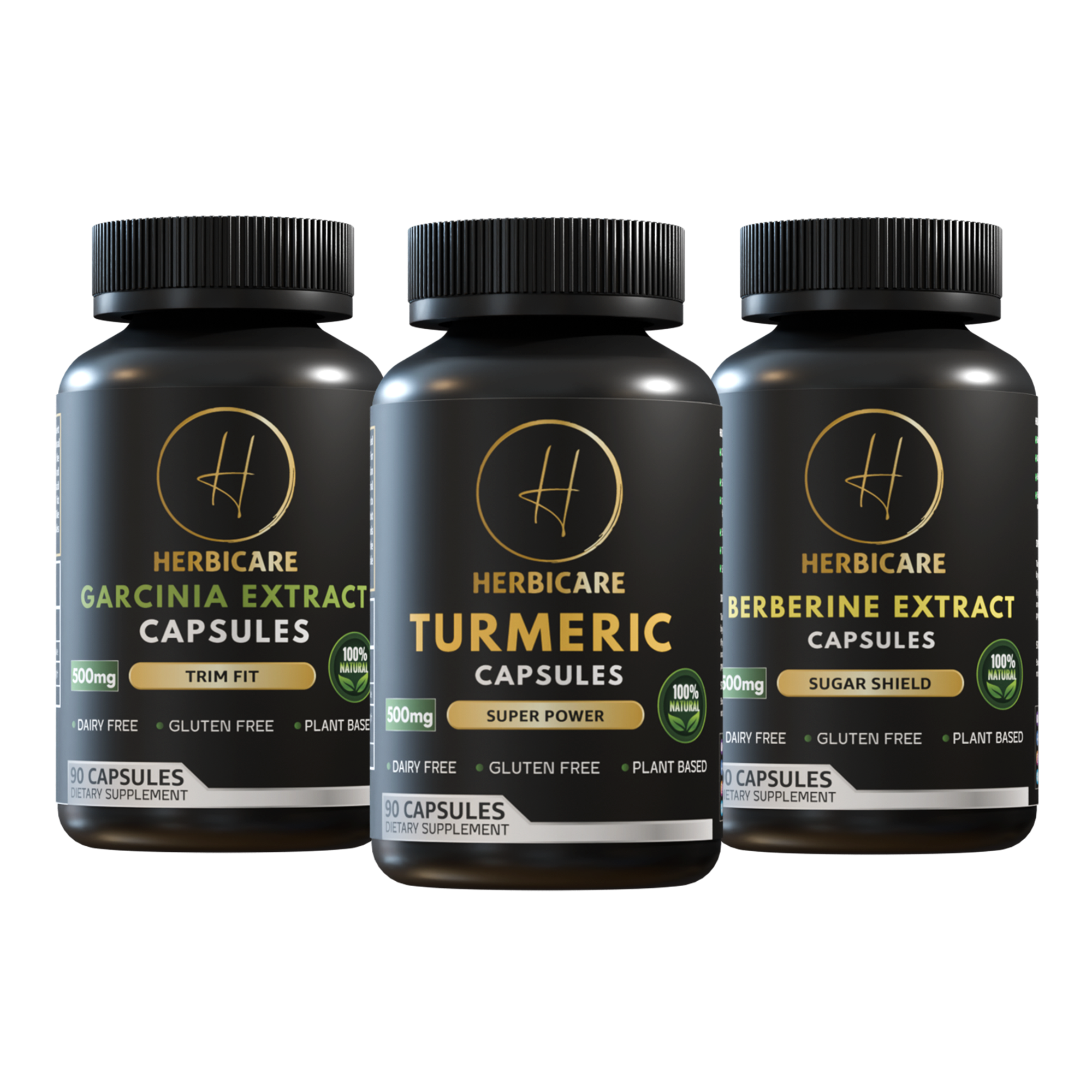 Front-facing view of Herbicare Garcinia Extract, Turmeric, and Berberine Extract Capsules, each 500mg and labeled as dairy-free, gluten-free, and plant-based. Formulated to support metabolism, antioxidant health, and healthy blood sugar levels.