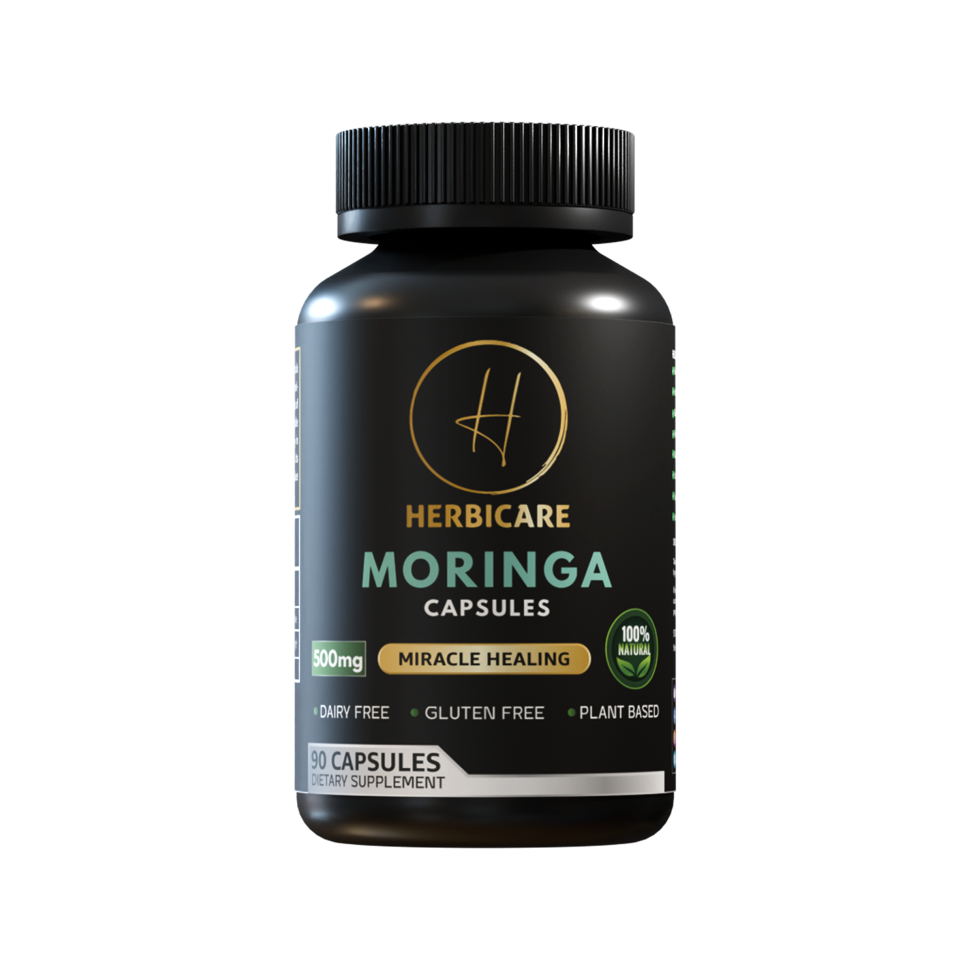 Front label of Herbicare Moringa Capsules bottle, featuring 500mg Moringa oleifera per serving. Highlights include dairy-free, gluten-free, plant-based formulation.