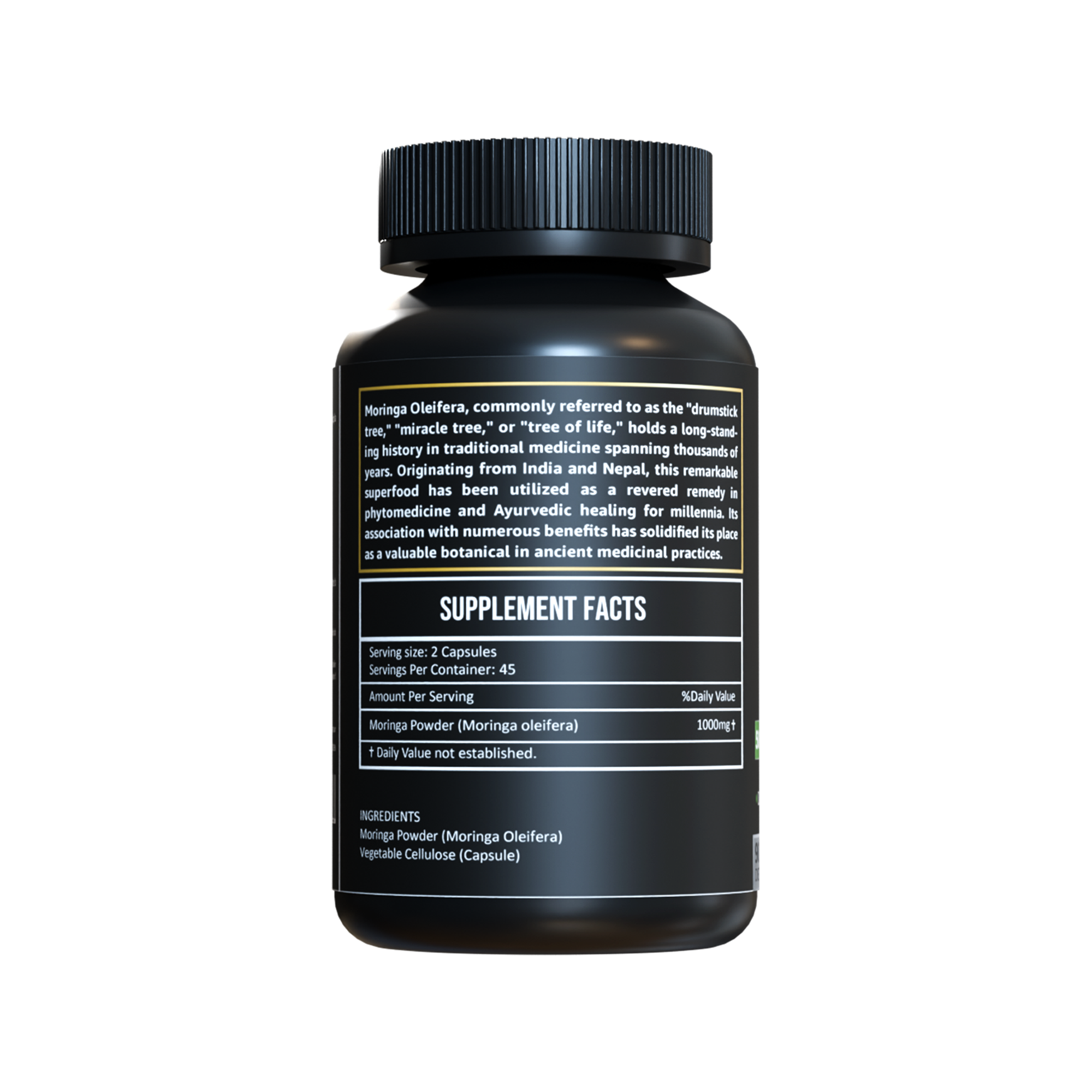 Supplement facts and product description label for Herbicare Moringa Capsules. Shows 500mg Moringa Oleifera per serving, with reference to traditional Ayurvedic and phytomedicine uses.
