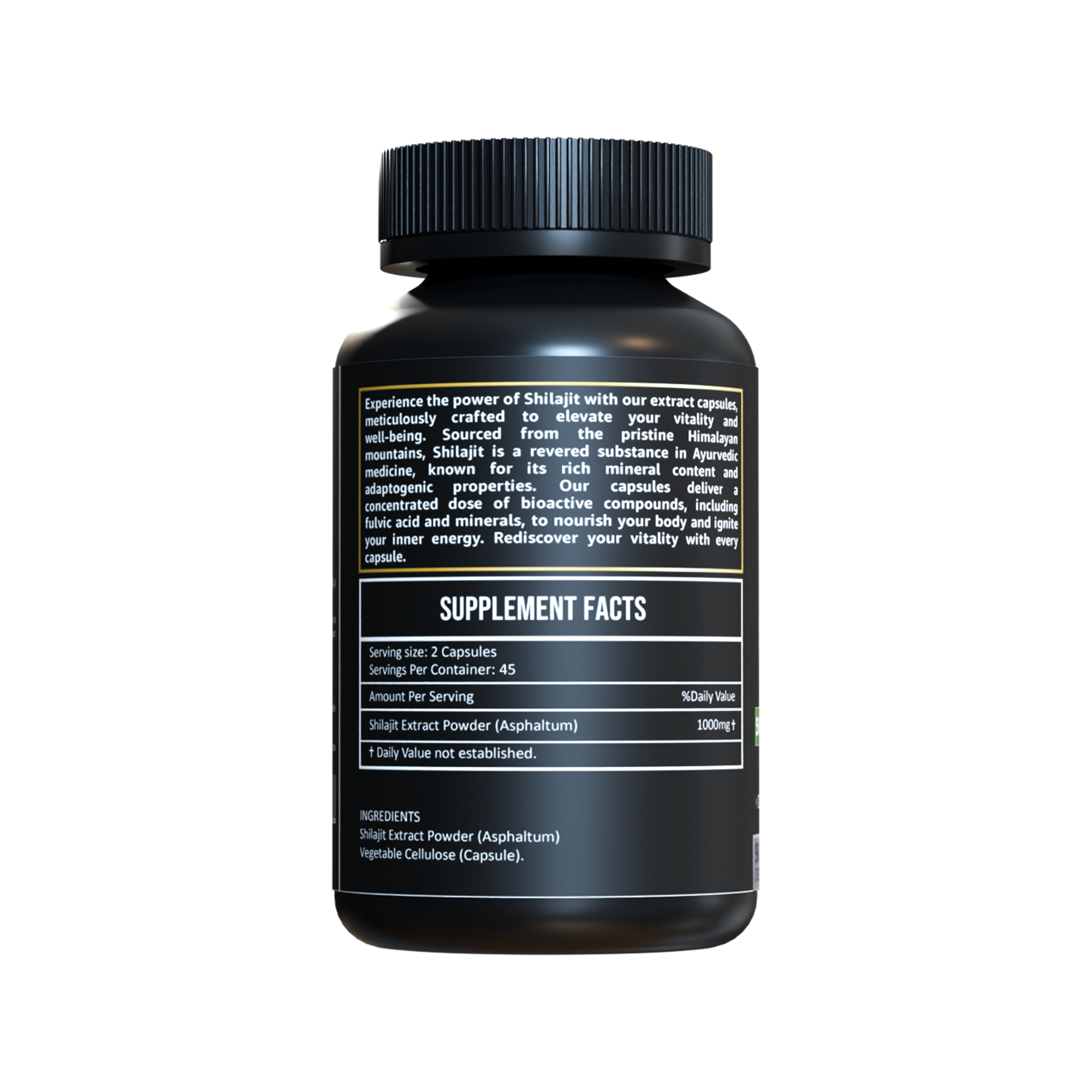 Herbicare Shilajit Extract Capsules bottle with front and back views, showing Ayurvedic benefits, ingredients, supplement facts, and 500mg dosage.