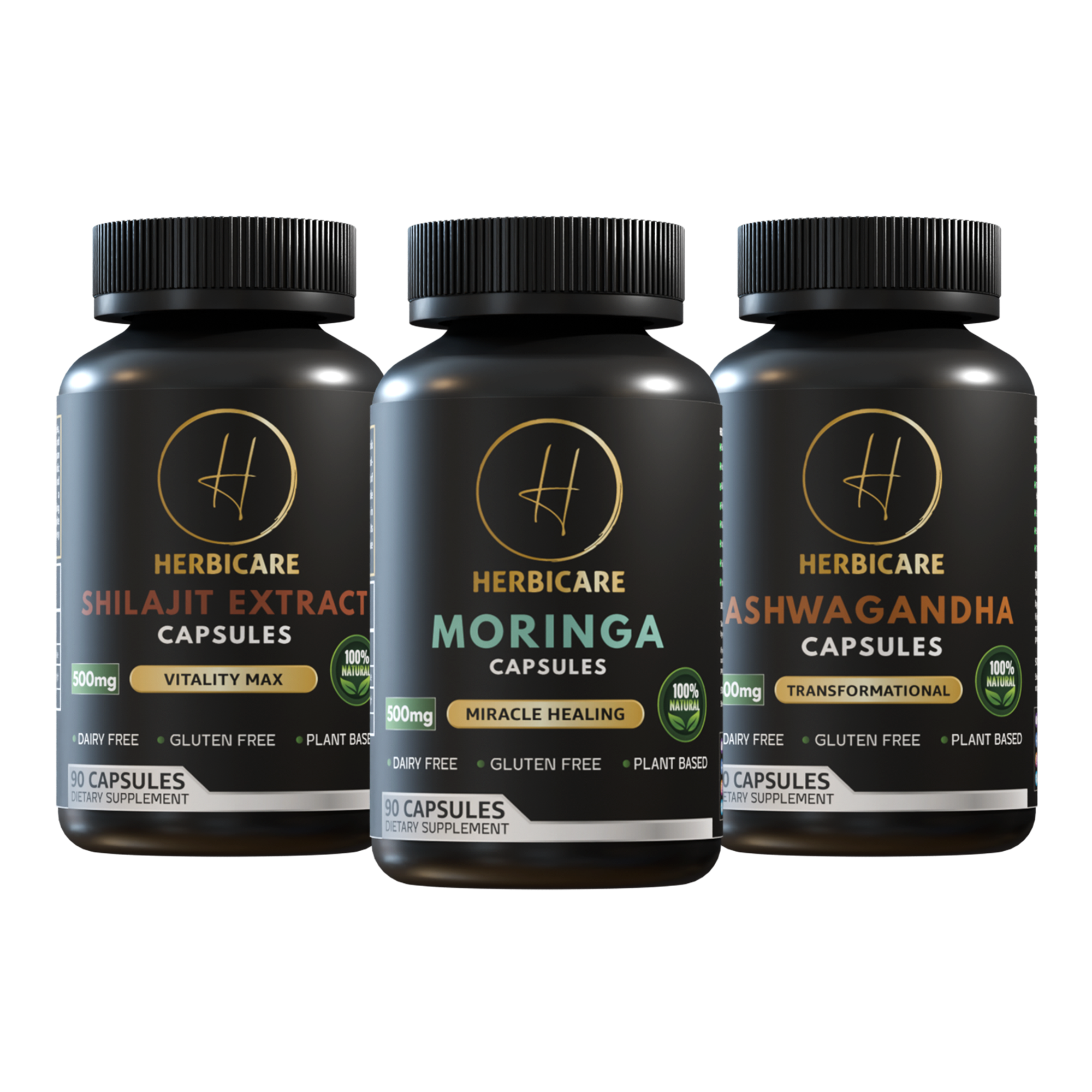 Front-facing image of Herbicare Shilajit Extract, Moringa, and Ashwagandha dietary supplement capsules – 500mg each, 90-count bottles – supports energy, stress relief, and overall vitality with natural, plant-based ingredients

