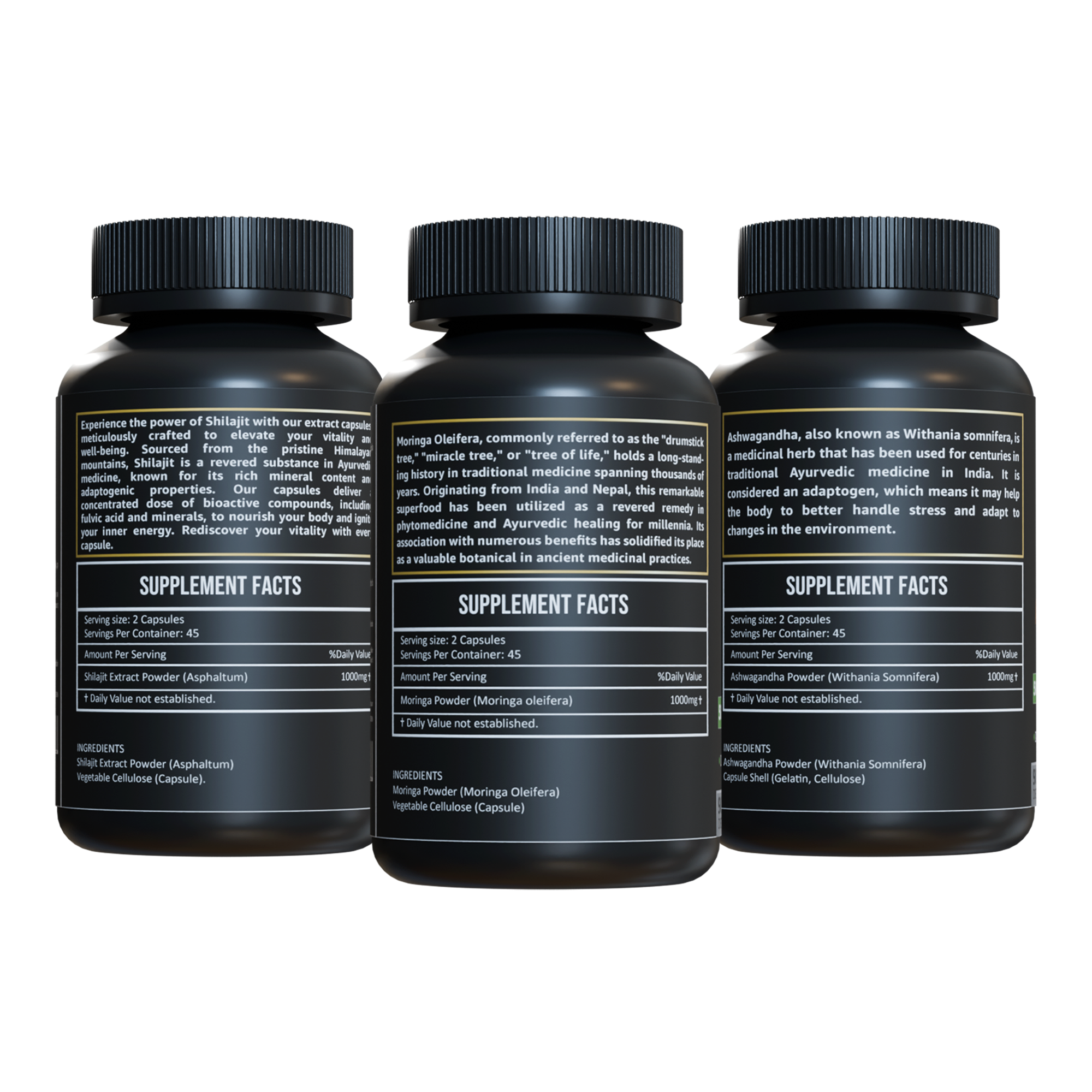 Back label of Herbicare Shilajit Extract, Moringa, and Ashwagandha Capsules showing Supplement Facts, ingredient list, serving size (2 capsules), and natural source descriptions for consumer transparency
