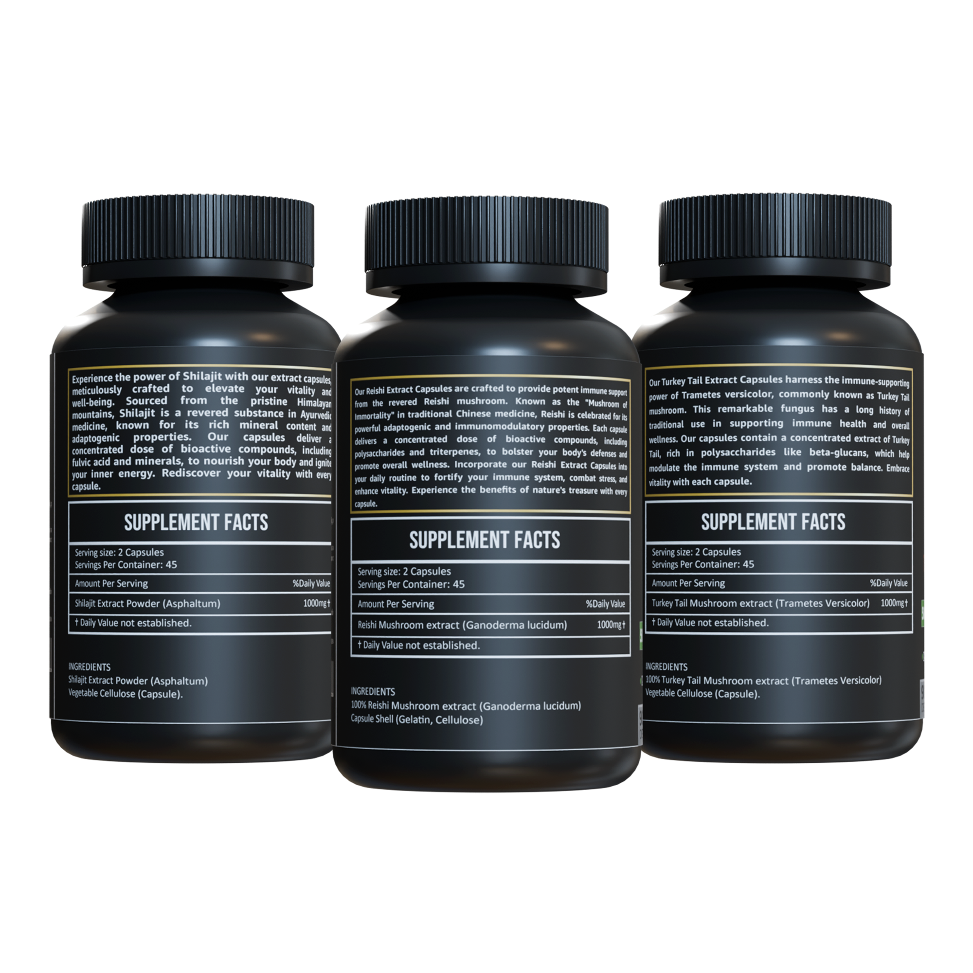 Back label image showing supplement facts and ingredients of Herbicare Shilajit, Reishi Mushroom, and Turkey Tail Mushroom extract capsules – 500mg per capsule, 90 capsules per bottle – natural immunity and vitality boosters

