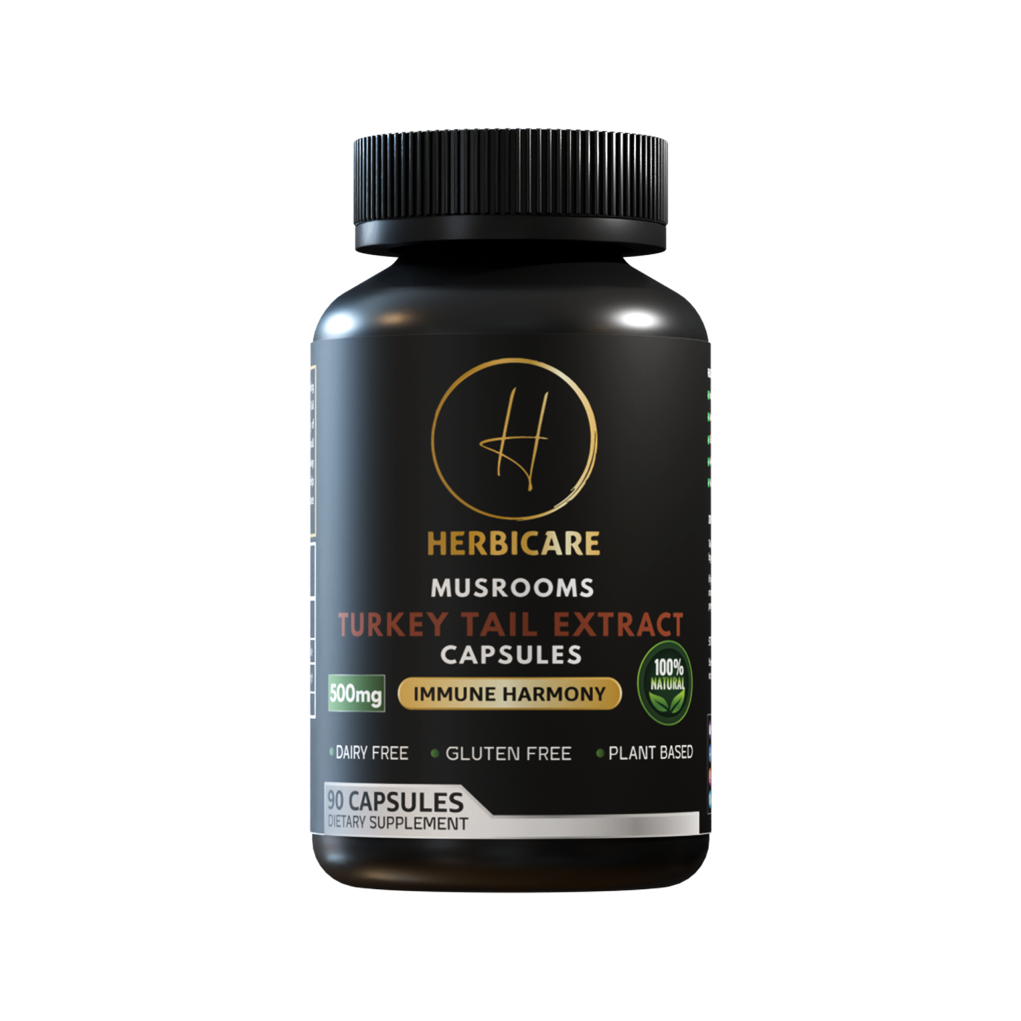 Front of Herbicare Turkey Tail Extract Capsules bottle showing label design, dosage of 500mg, and key features like dairy-free, gluten-free, and plant-based.