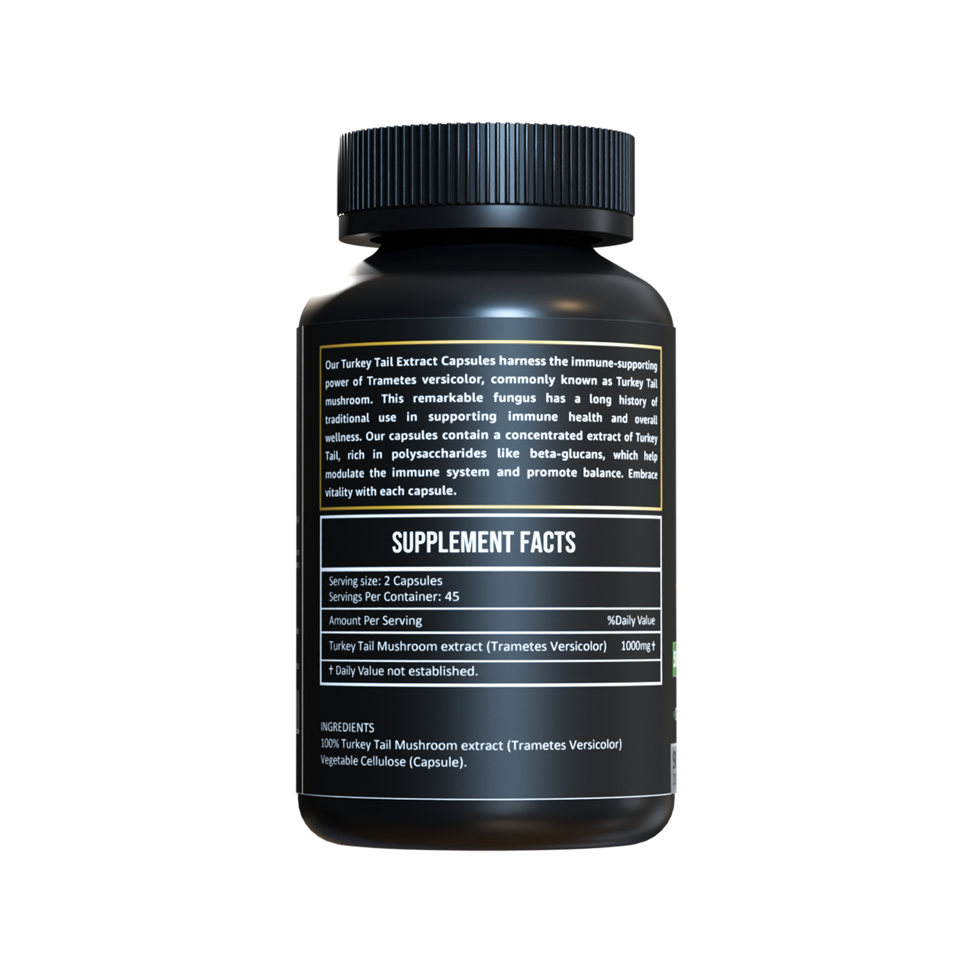 Back label of Herbicare Turkey Tail Extract Capsules showing supplement facts, dosage, and ingredient information.