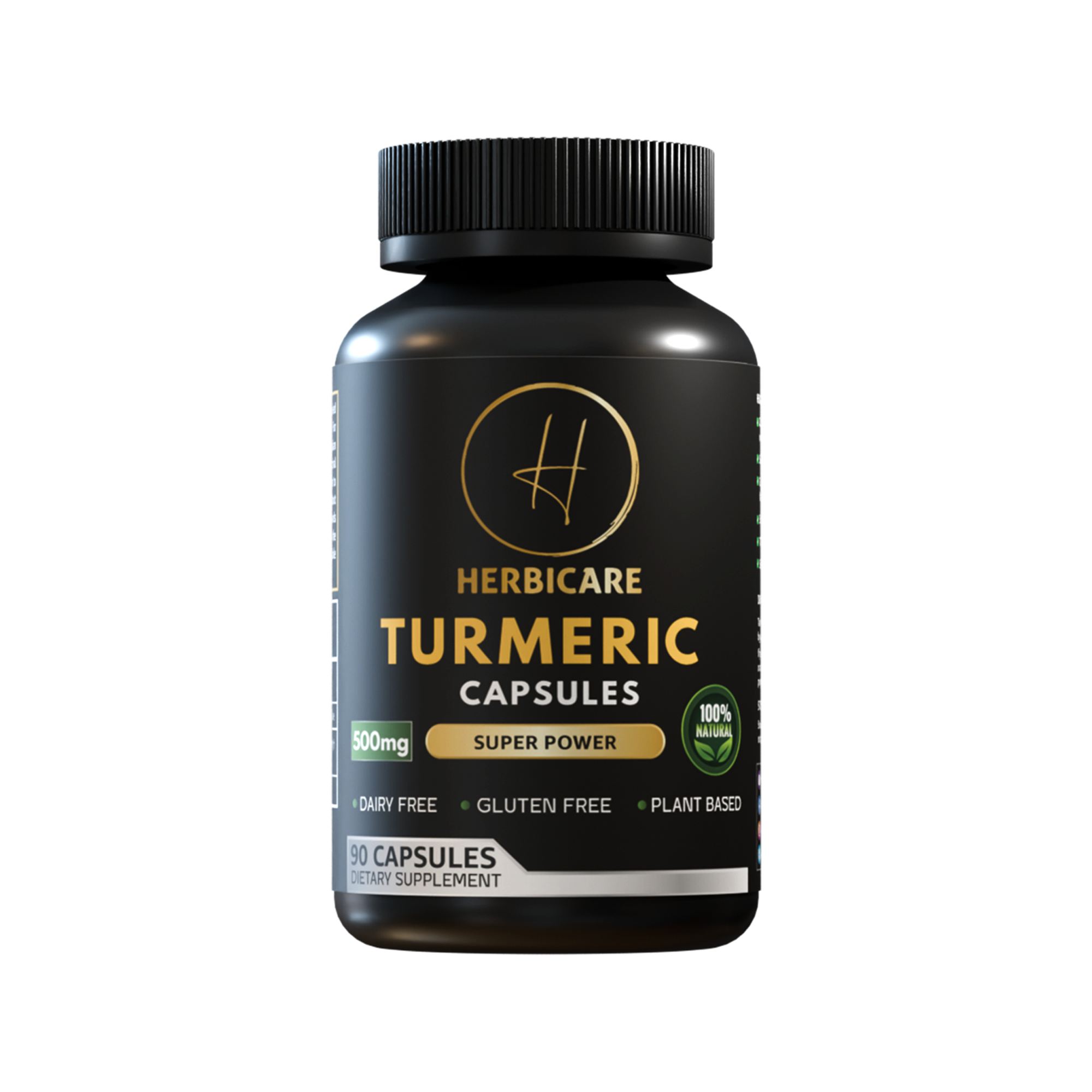 Front label of Herbicare Turmeric Capsules bottle showing 500mg strength, labeled “Super Power”, 90 vegan capsules. Features icons for 100% natural, dairy-free, gluten-free, and plant-based.

