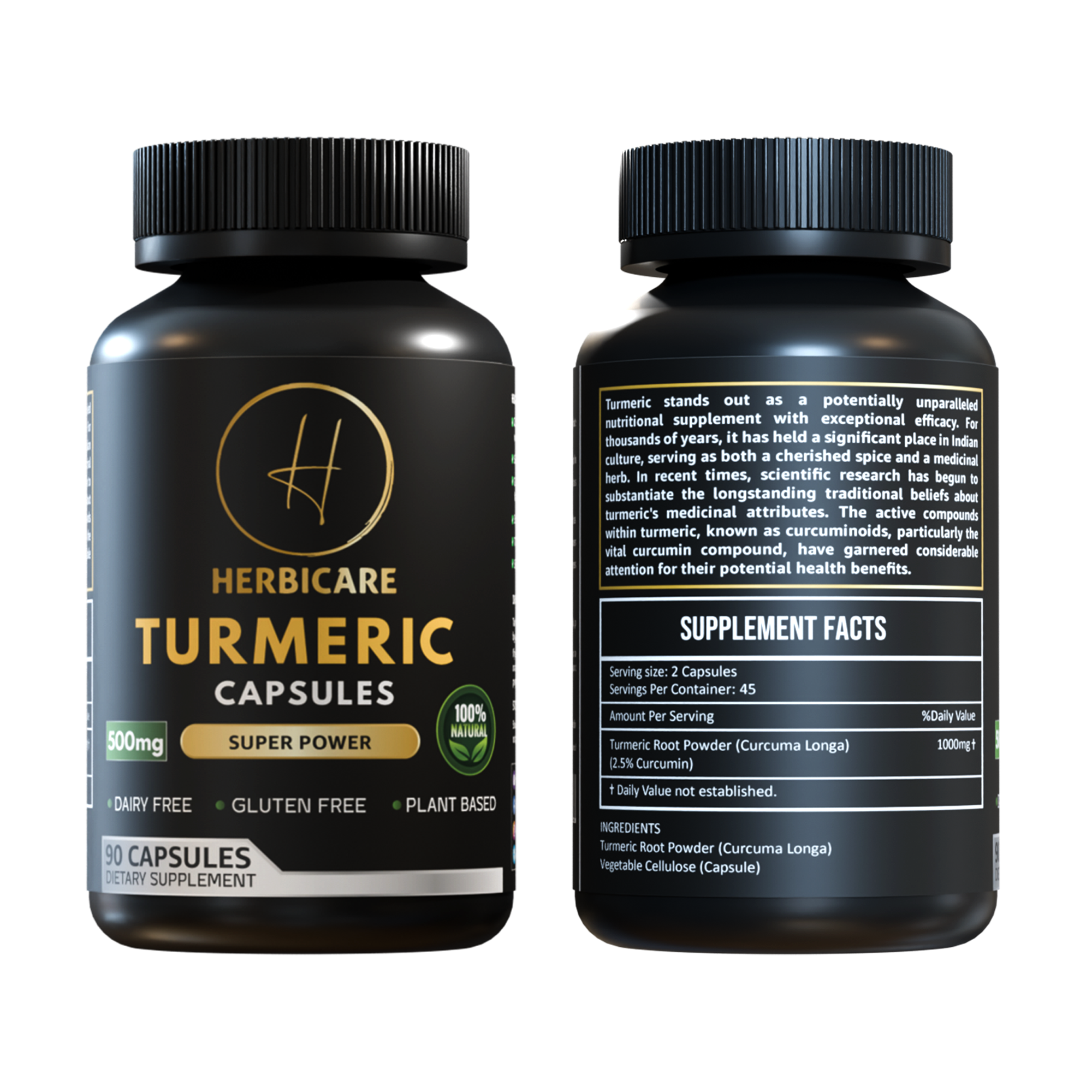 Front and back label of Herbicare Turmeric Capsules showing supplement facts and herbal description. Each serving contains 1000mg Turmeric Root Powder (Curcuma longa) standardized to 3.5% curcumin. Supports antioxidant activity and inflammation balance.