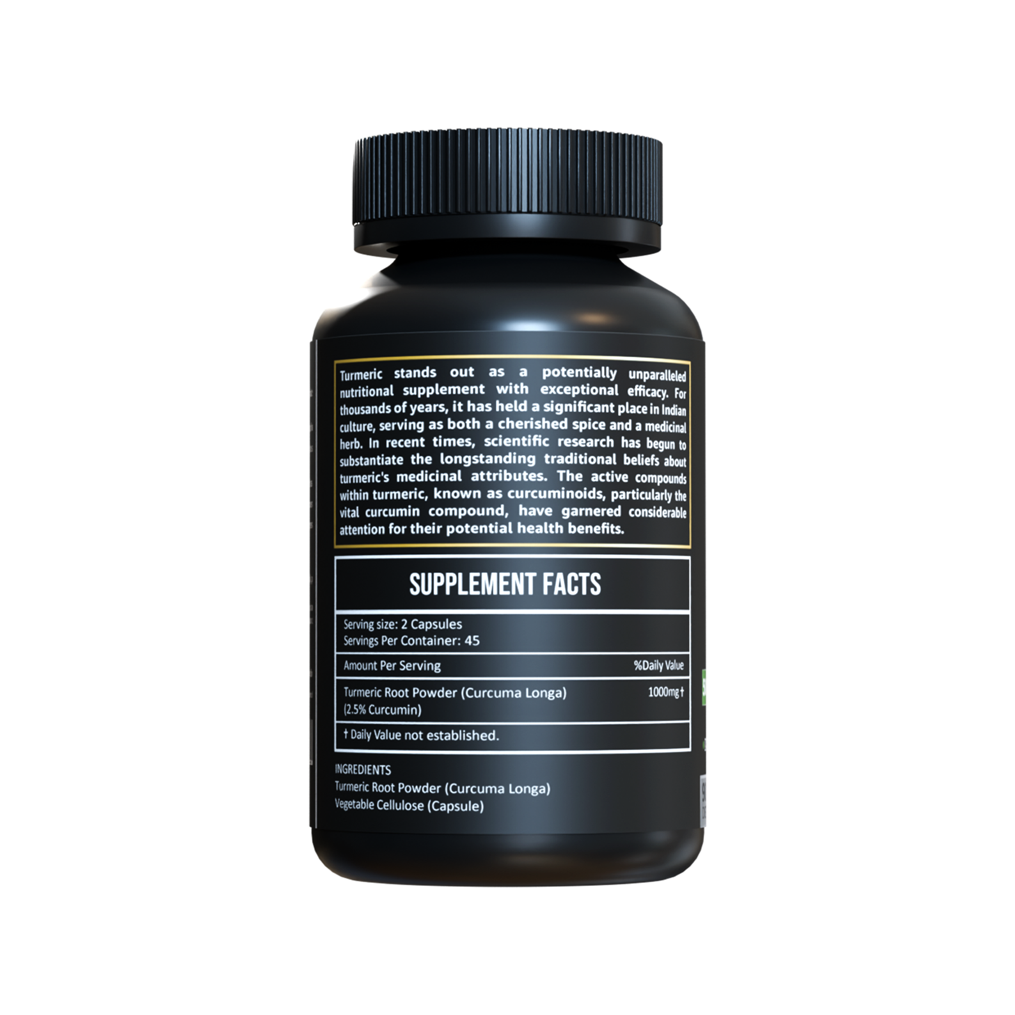 Back label of Herbicare Turmeric Capsules showing supplement facts panel. Contains 1000mg Turmeric Root Powder per 2-capsule serving. Includes vegetable cellulose capsule.