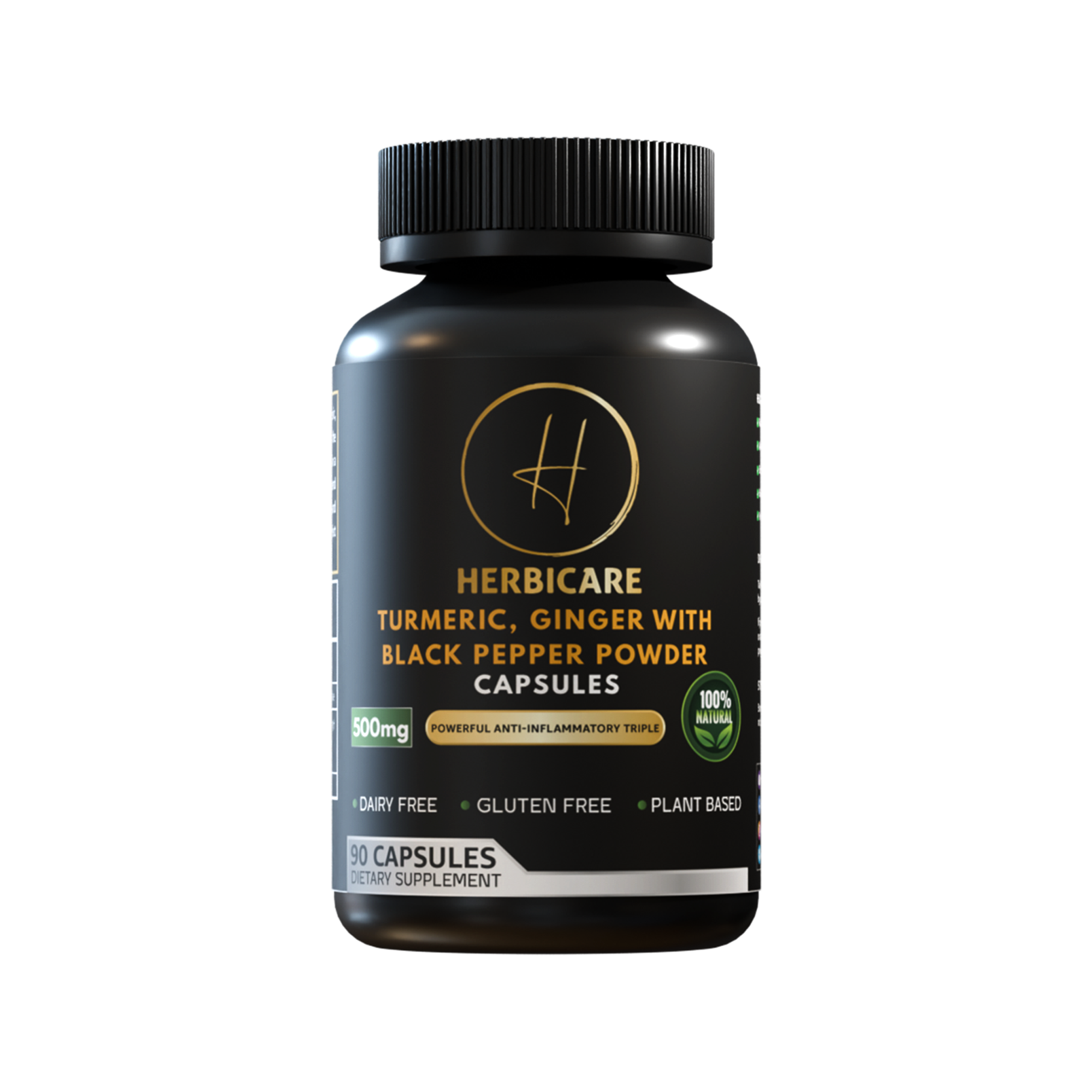 Front view of Herbicare Turmeric, Ginger, and Black Pepper Powder Capsules showing 500mg dosage, anti-inflammatory support, and 90 plant-based capsules