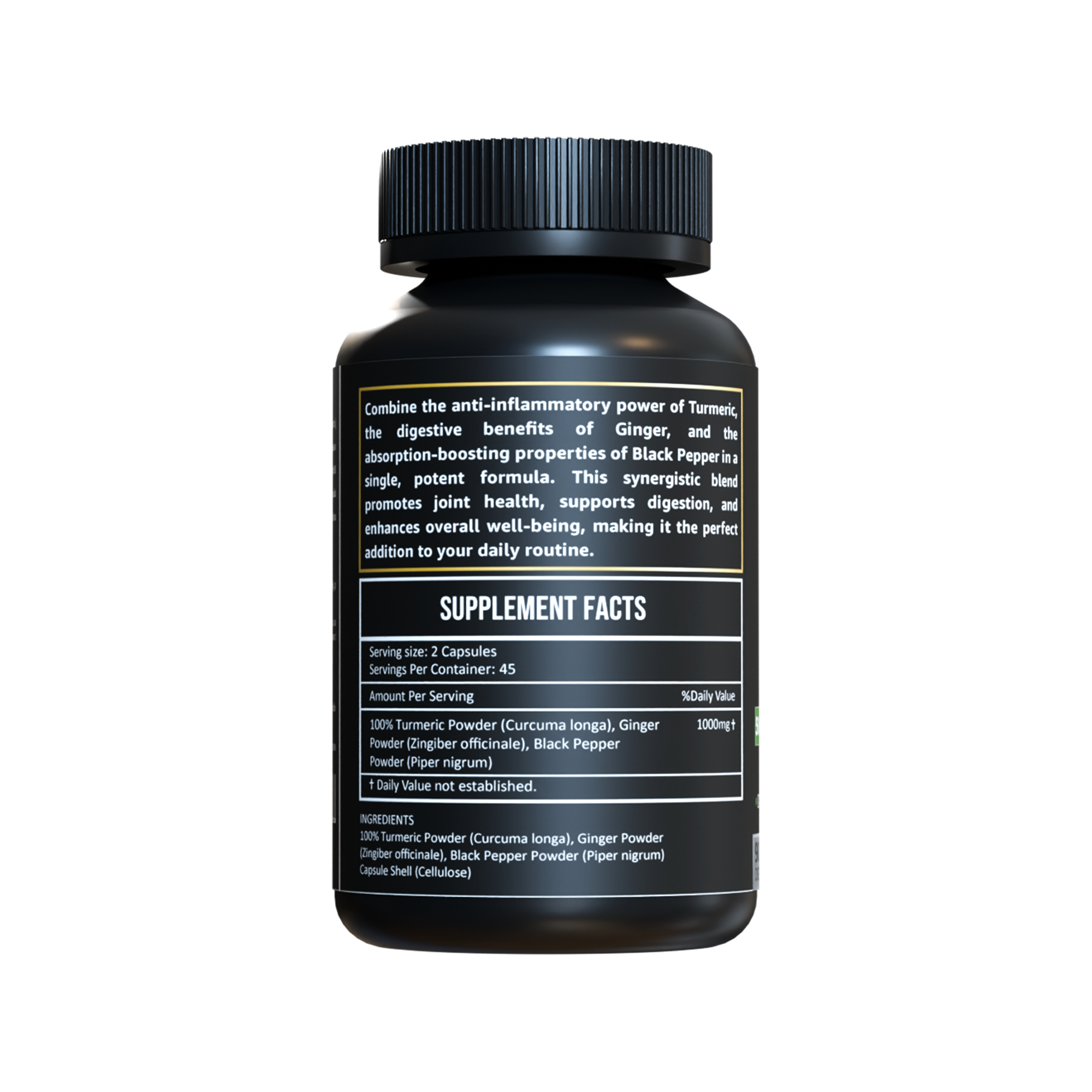 Back label of Herbicare Turmeric, Ginger, and Black Pepper Capsules showing supplement facts, ingredient list, and benefits for joint health and digestion


