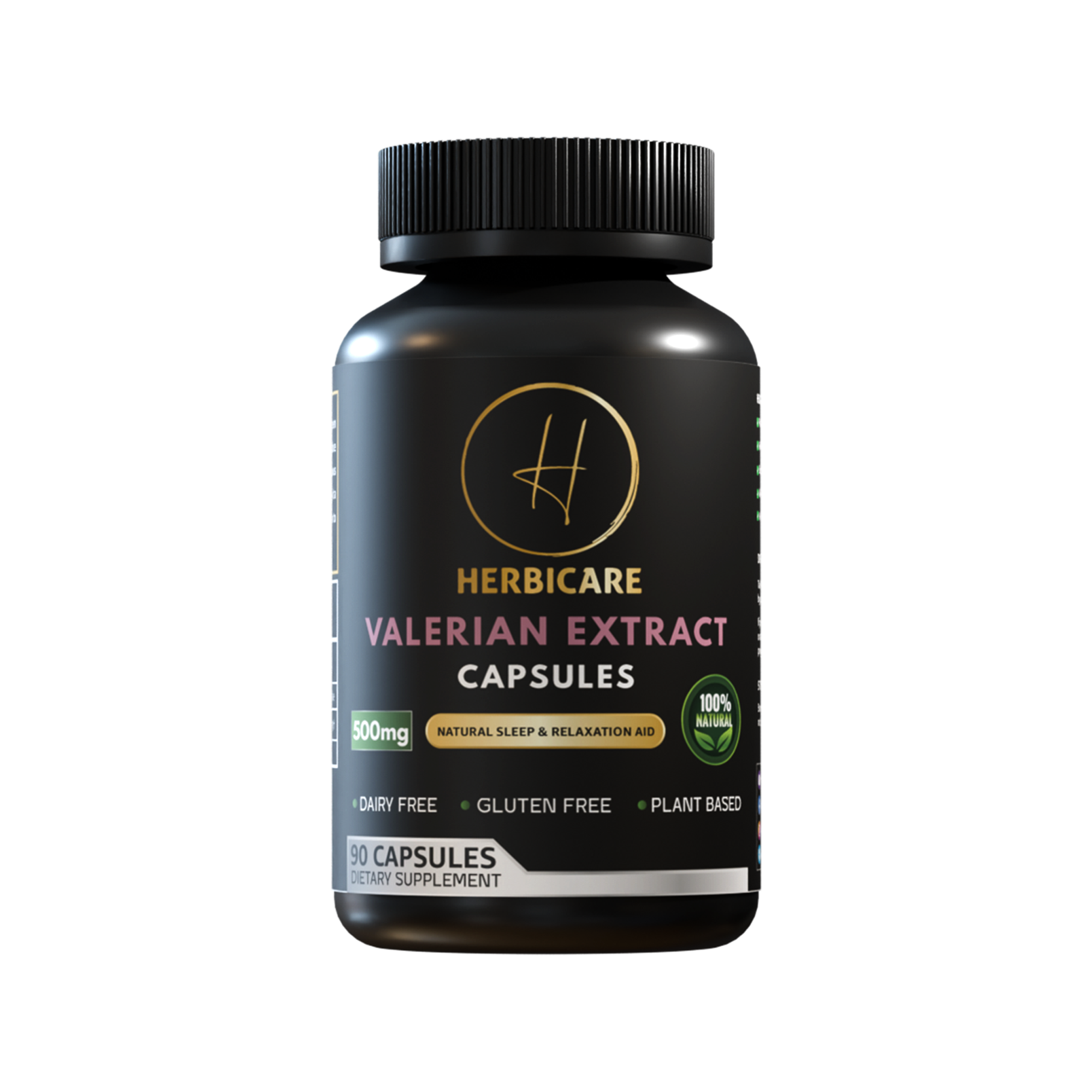 Herbicare Valerian Extract Capsules highlighting 500mg dose, natural sleep aid, and 100% natural, gluten-free, and vegan features
