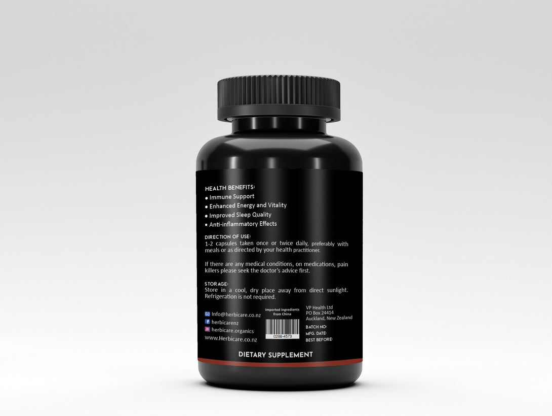 Bottle of Herbicare Reishi Mushroom Extract Capsules Backside