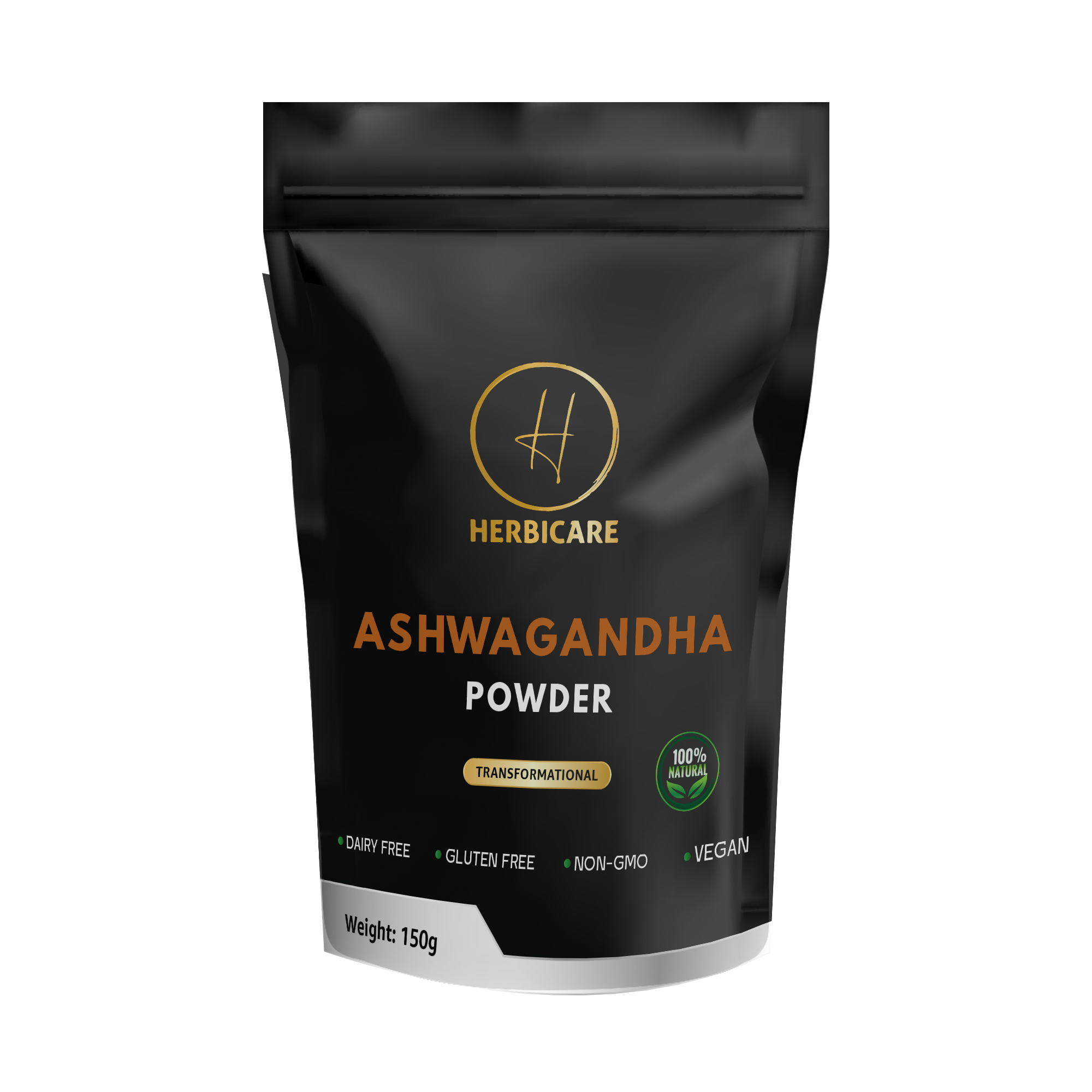 Front view of Herbicare Ashwagandha Powder 150g pouch – vegan, dairy-free, gluten-free, non-GMO supplement for stress and vitality support.