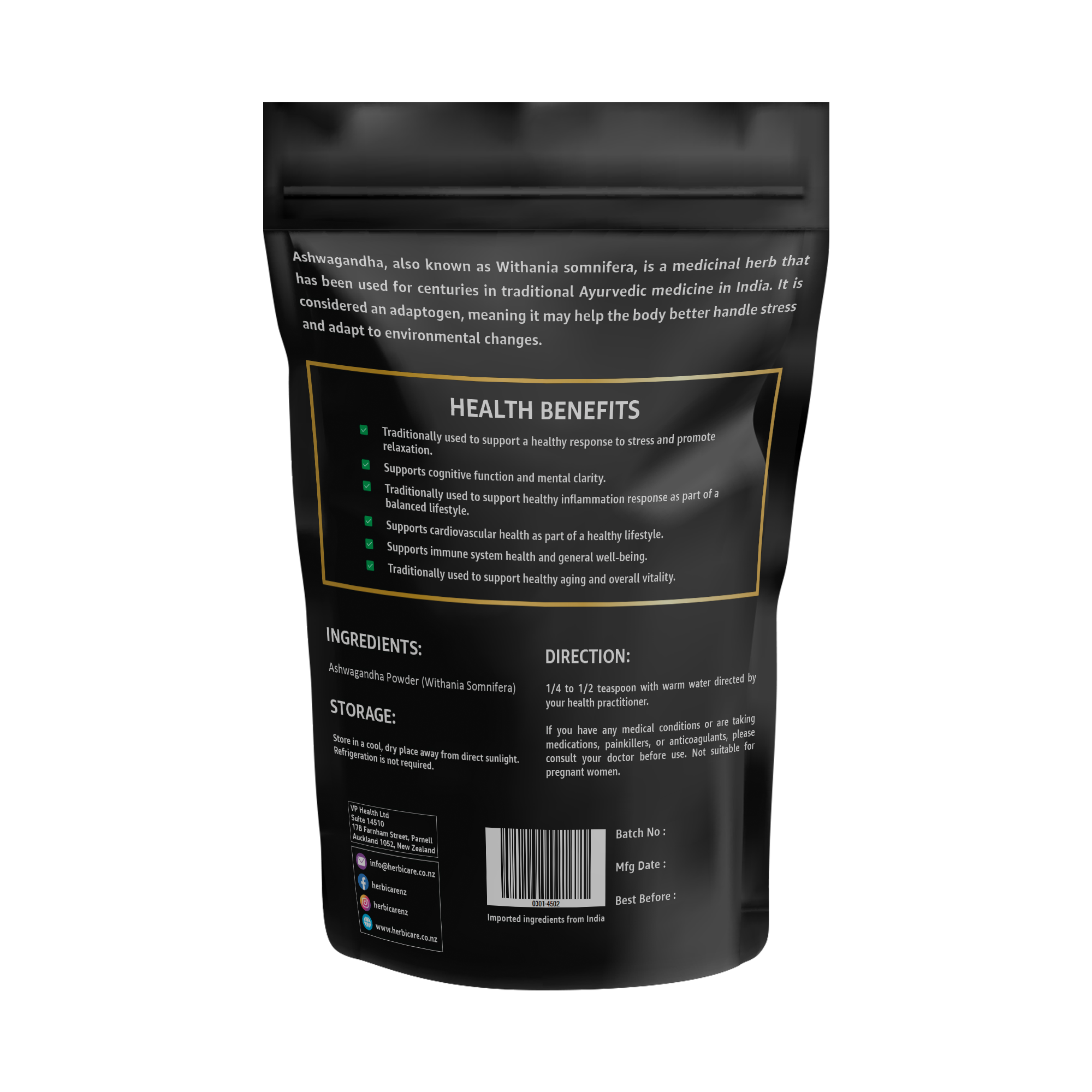 Back label of Herbicare Ashwagandha Powder showing health benefits, dosage directions, ingredients, and storage instructions.