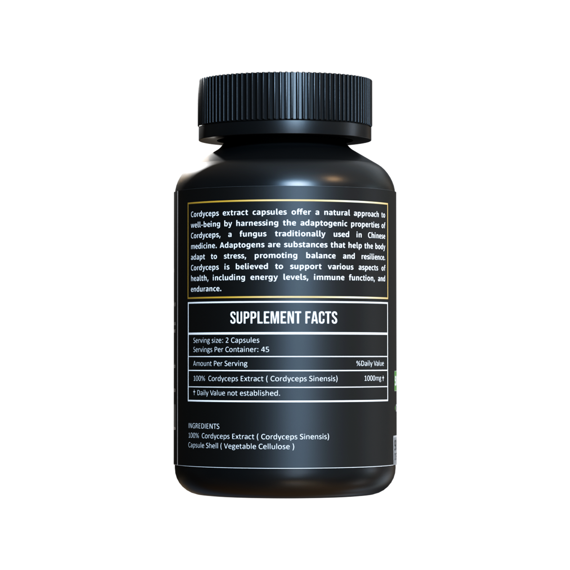 Back label of Herbicare Cordyceps Extract Capsules bottle showing supplement facts, ingredients, and usage instructions.
