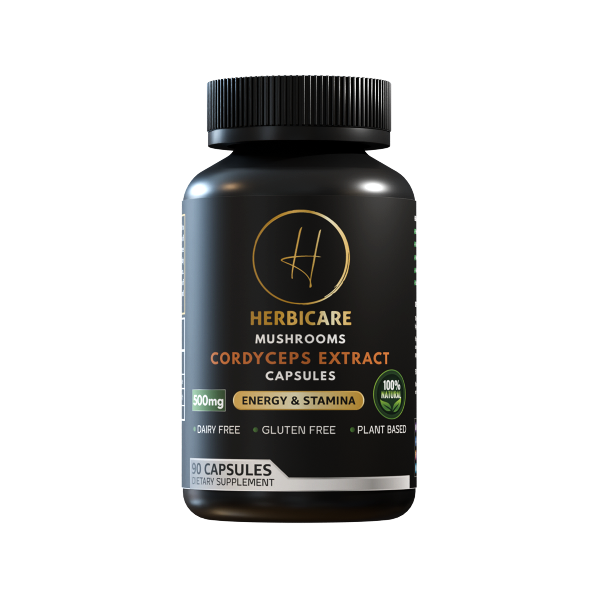 Front view of Herbicare Cordyceps Extract Capsules bottle showing 500mg strength, 90 capsules, and product label design.
