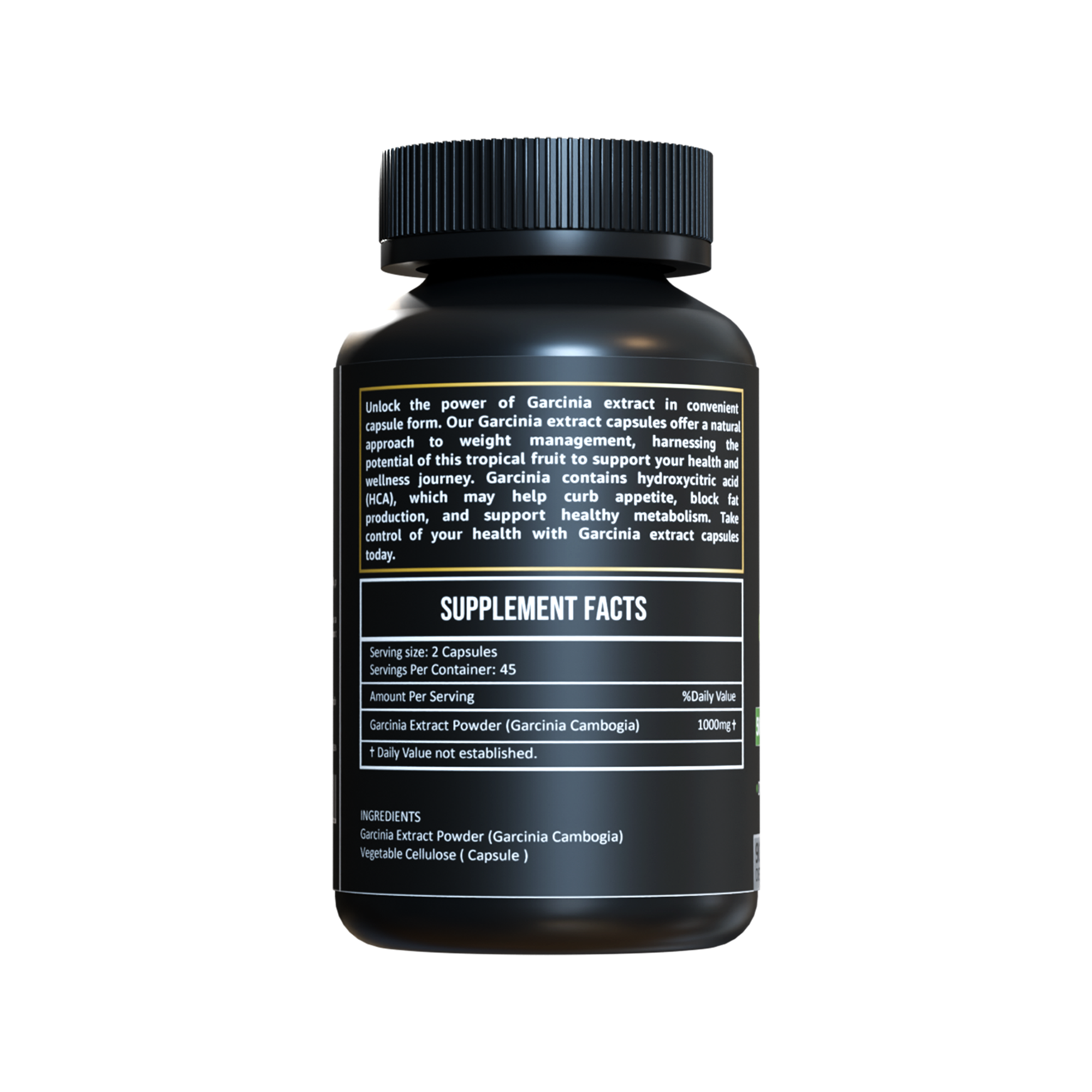 Back view of Herbicare Garcinia Extract Capsules bottle showing Supplement Facts and ingredients label with Garcinia Cambogia powder.

